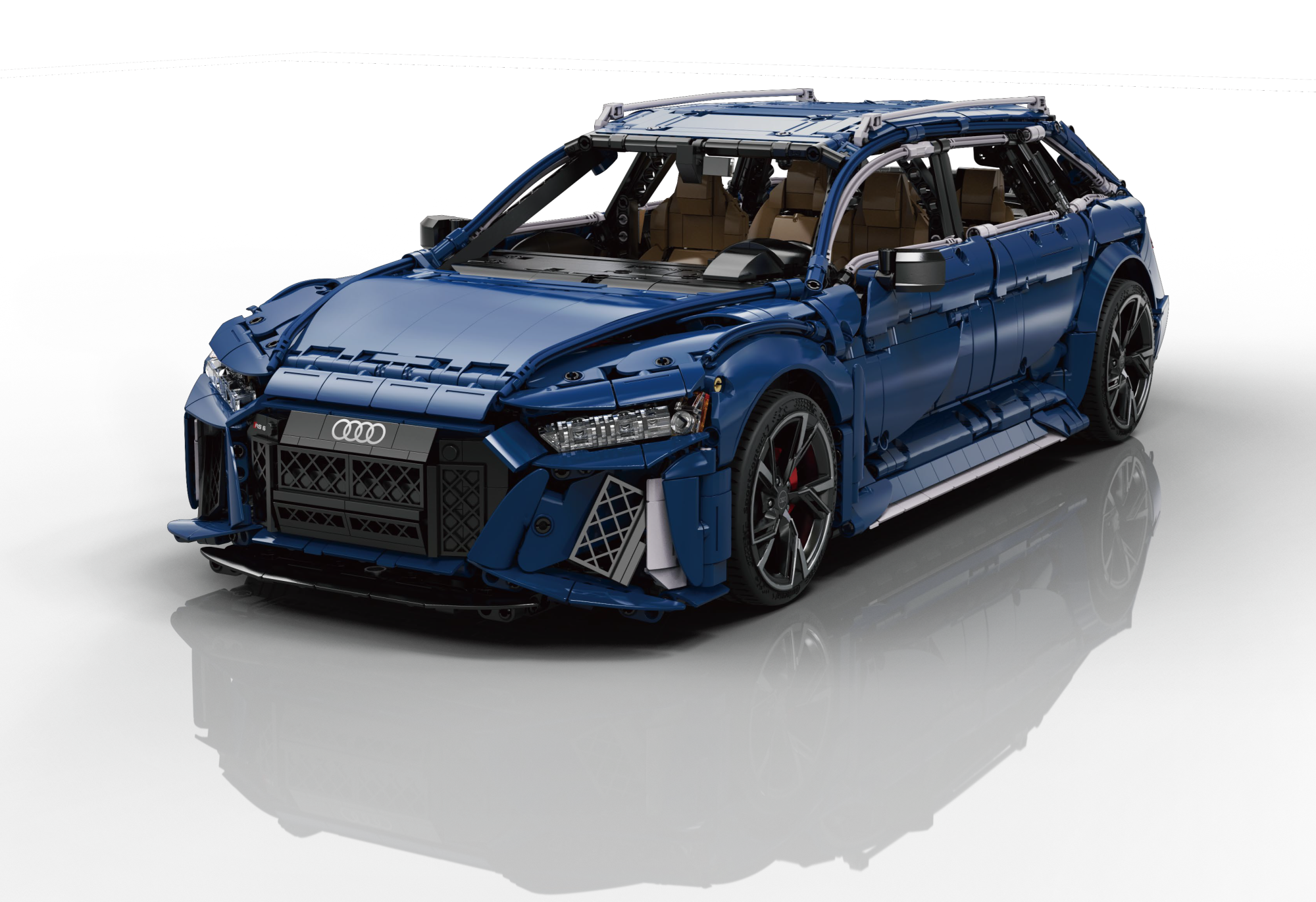 CaDA Audi RS6 Avant brick model in blue with detailed interior, roof rack, and open doors displayed against white background.