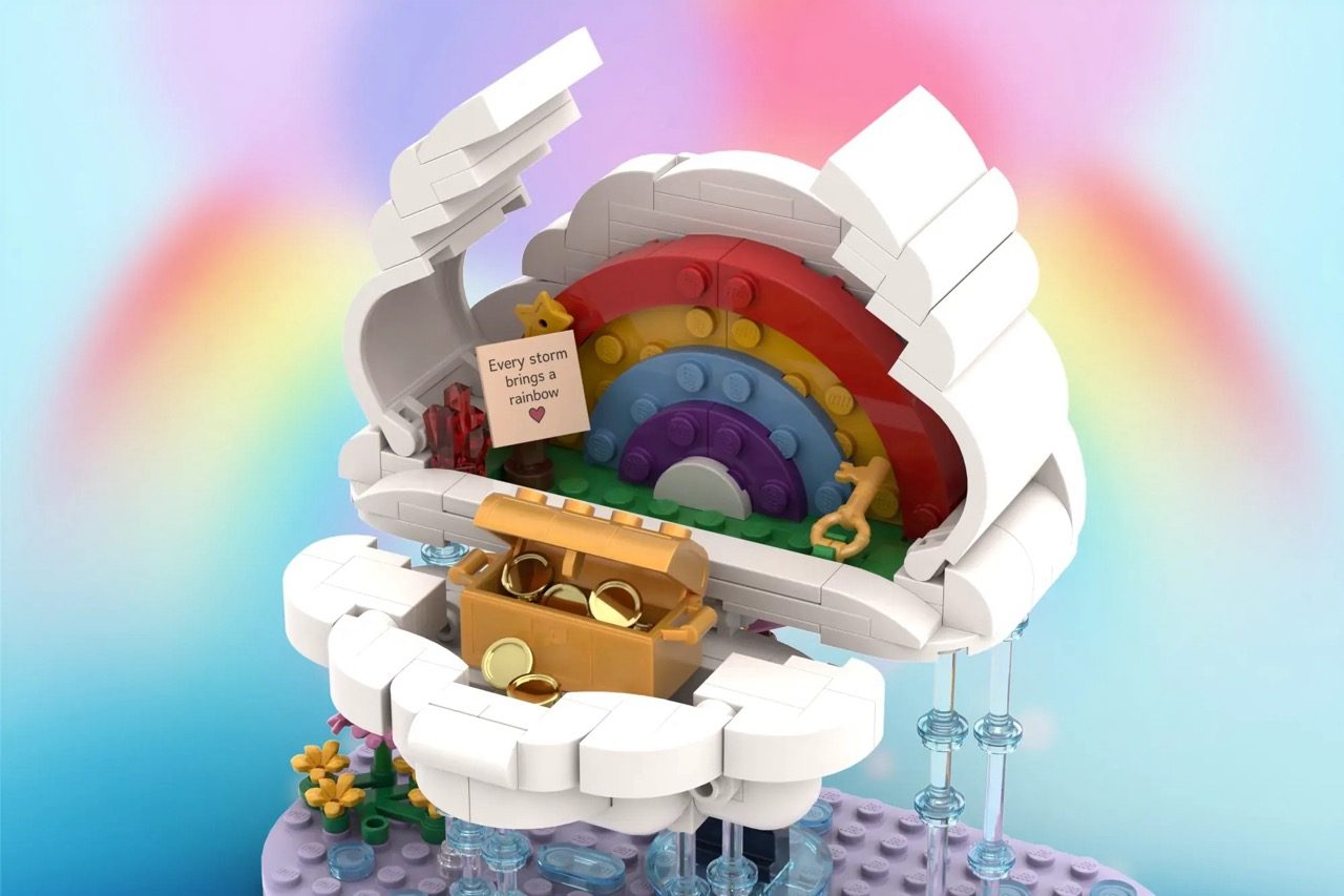 LEGO cloud set opening to reveal colorful rainbow layers, with inspirational message tag and rain elements.