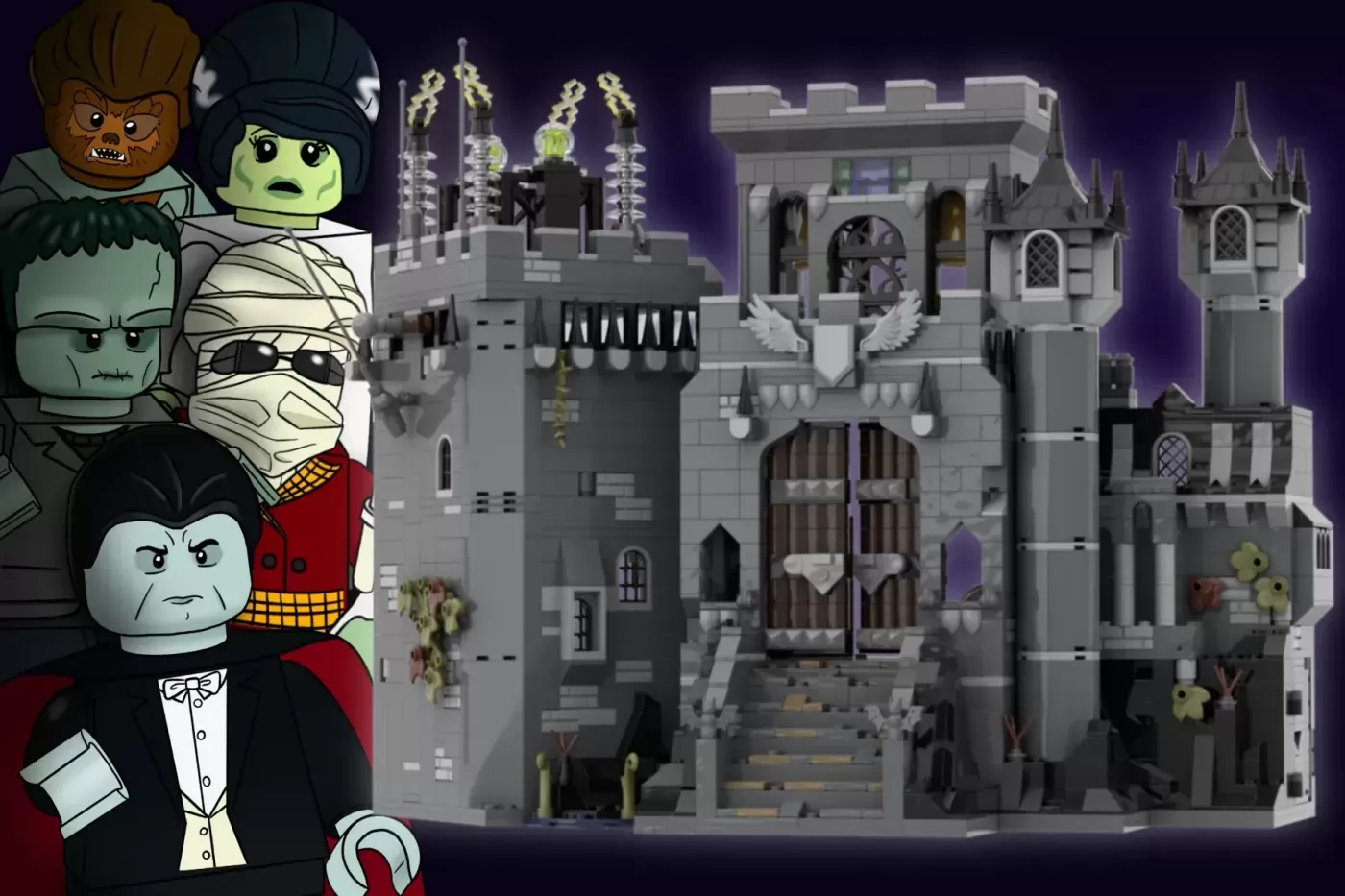 LEGO Universal Monsters castle set with minifigures of Dracula, Mummy, Frankenstein's Monster, and Werewolf.