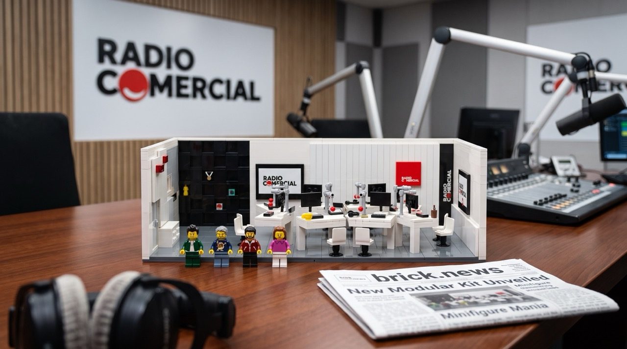 Rádio Comercial em LEGO® Ideas - o estúdio d'as Manhãs de um lado e um rádio retro do outro