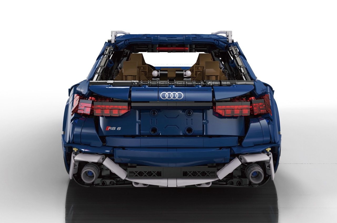 CaDA Audi RS6 Avant LEGO set displayed from rear view, showing detailed blue exterior and open trunk.