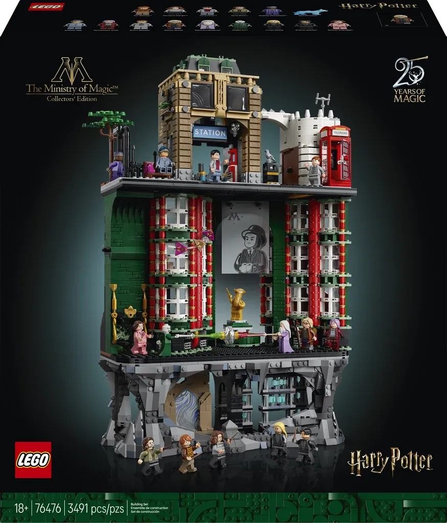 LEGO Harry Potter Ministry of Magic set with 3491 pieces, featuring detailed building facade and 14 minifigures.