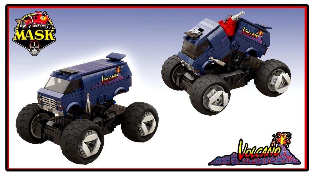 Two blue M.A.S.K. vehicles with oversized black wheels displayed against a white background with logos.