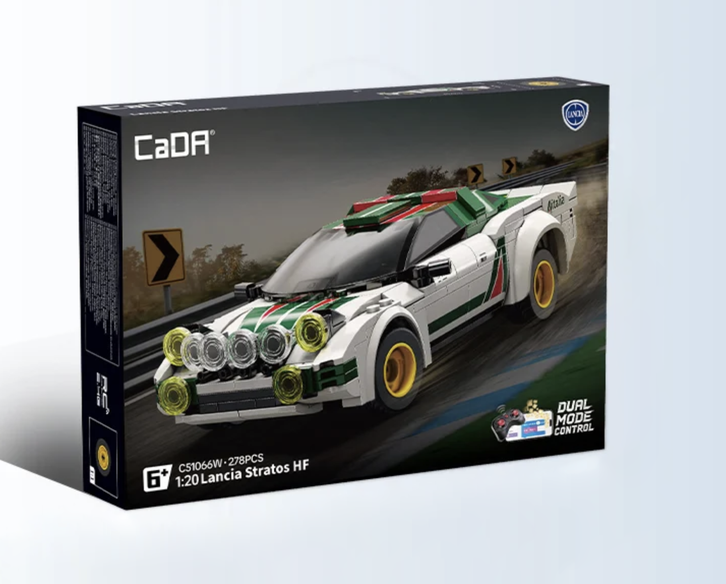 CaDA Lancia Stratos HF 1:20 building set with white, green and red rally car design featuring multiple headlights.
