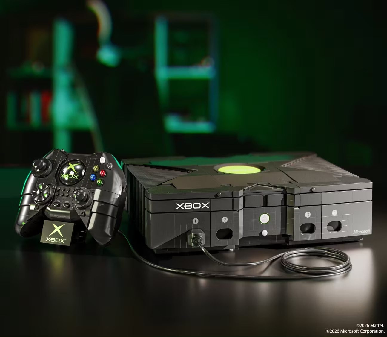 LEGO Xbox console replica with controller, featuring black and neon green details and Microsoft branding.