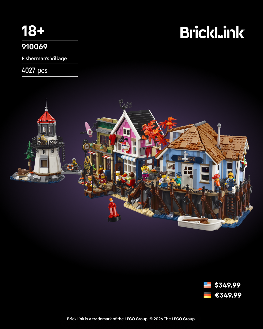 BrickLink 910069 Fisherman's Village, 4027-piece set with lighthouse, houses, minifigures, and boat.