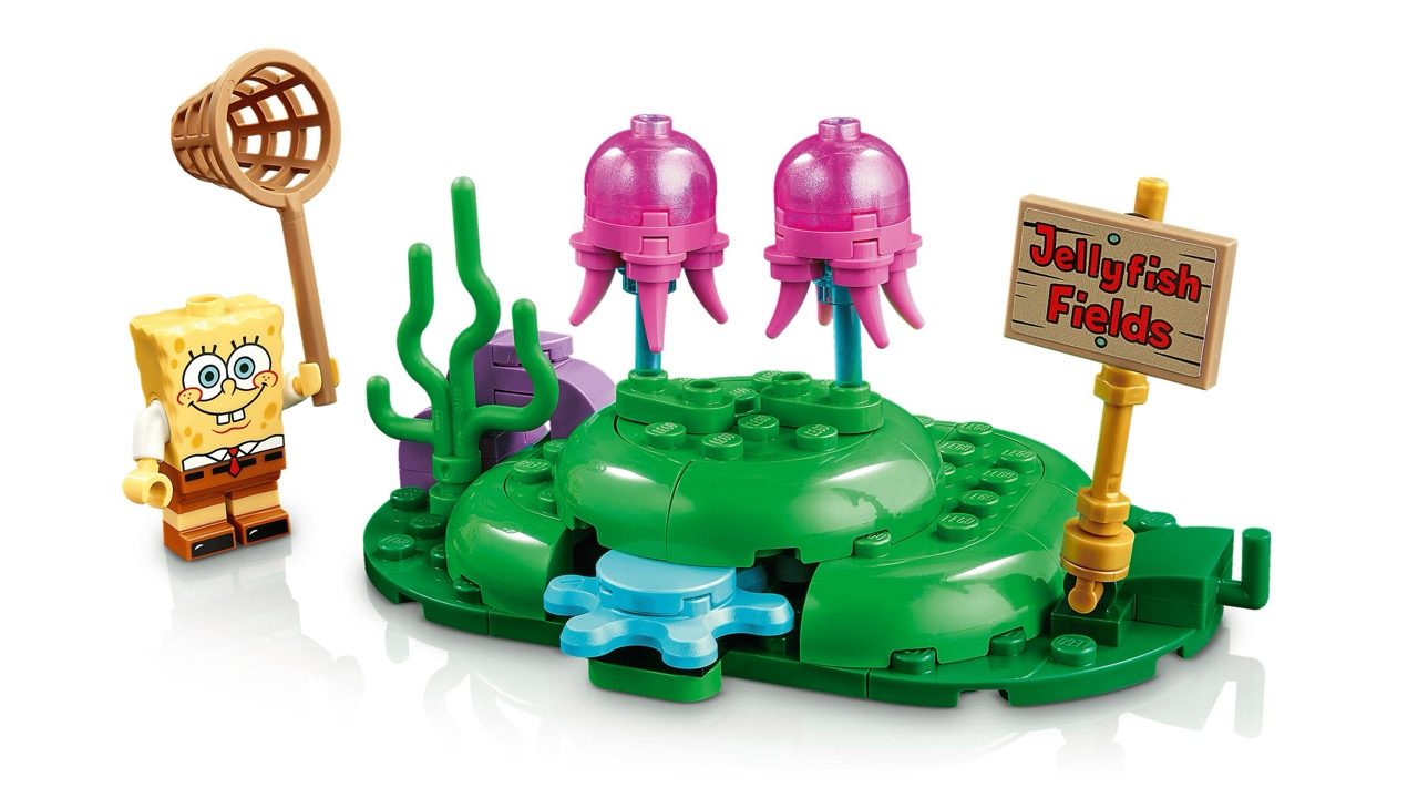 LEGO SpongeBob set featuring minifigure with net, jellyfish dome structure, sea plants, and
