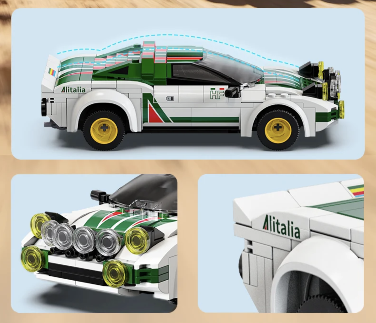 CaDA Lancia Stratos HF rally car in white and green Alitalia livery with detailed wheels and Bluetooth functionality.