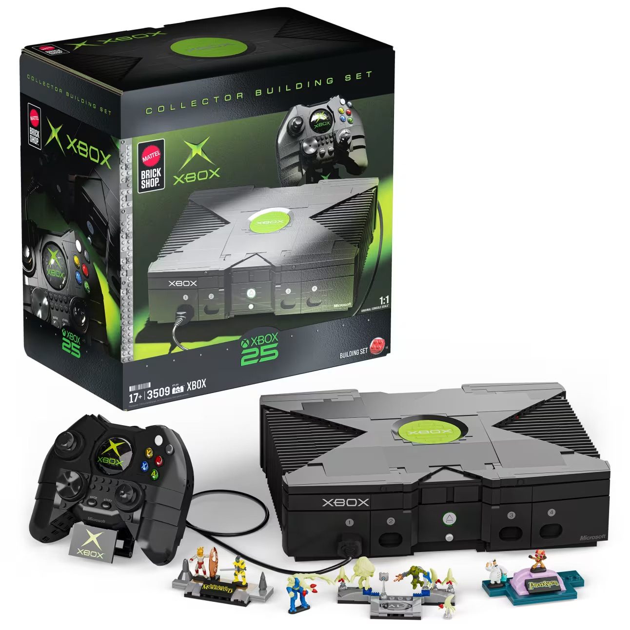 LEGO Xbox 25 Collector Building Set with console model, controller, minifigures, and accessories displayed.