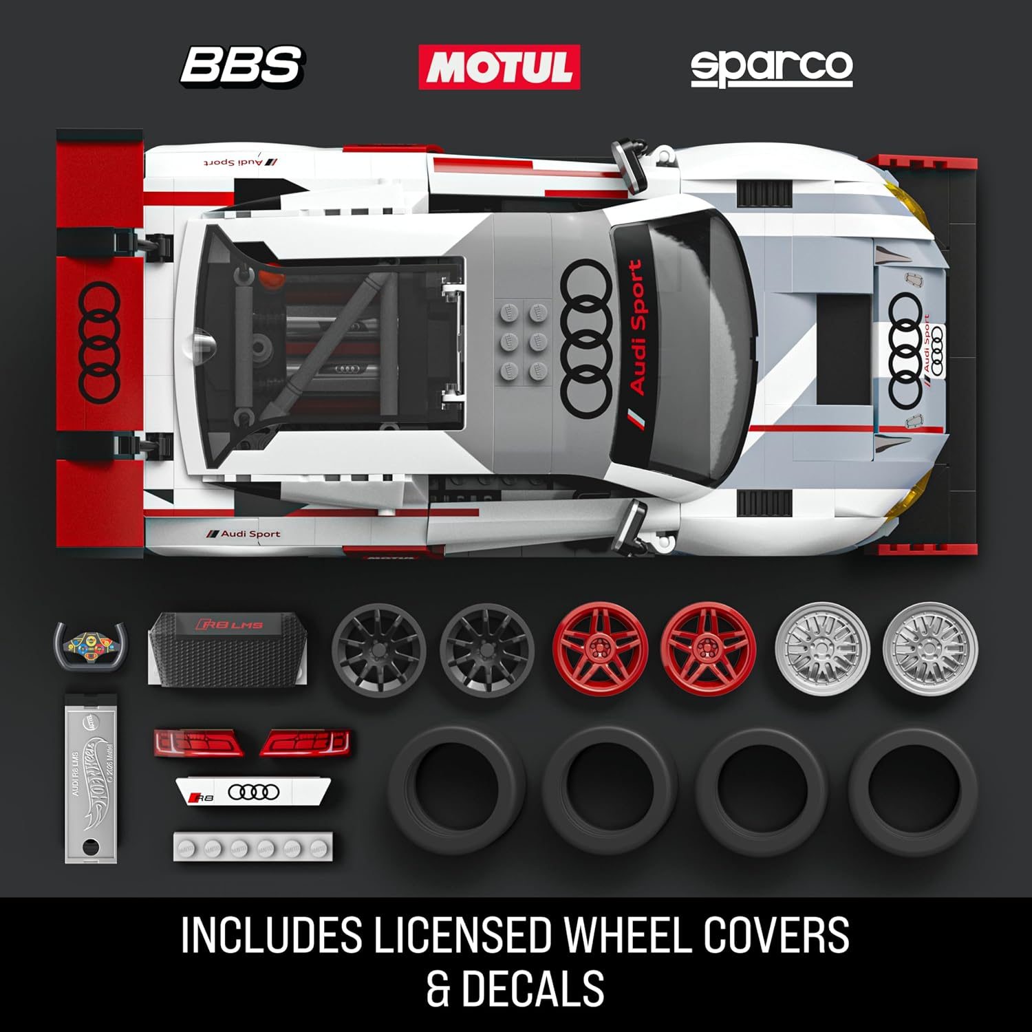 LEGO Audi R8 LMS top-down view with wheels, decals, and carbon fiber parts displayed below.