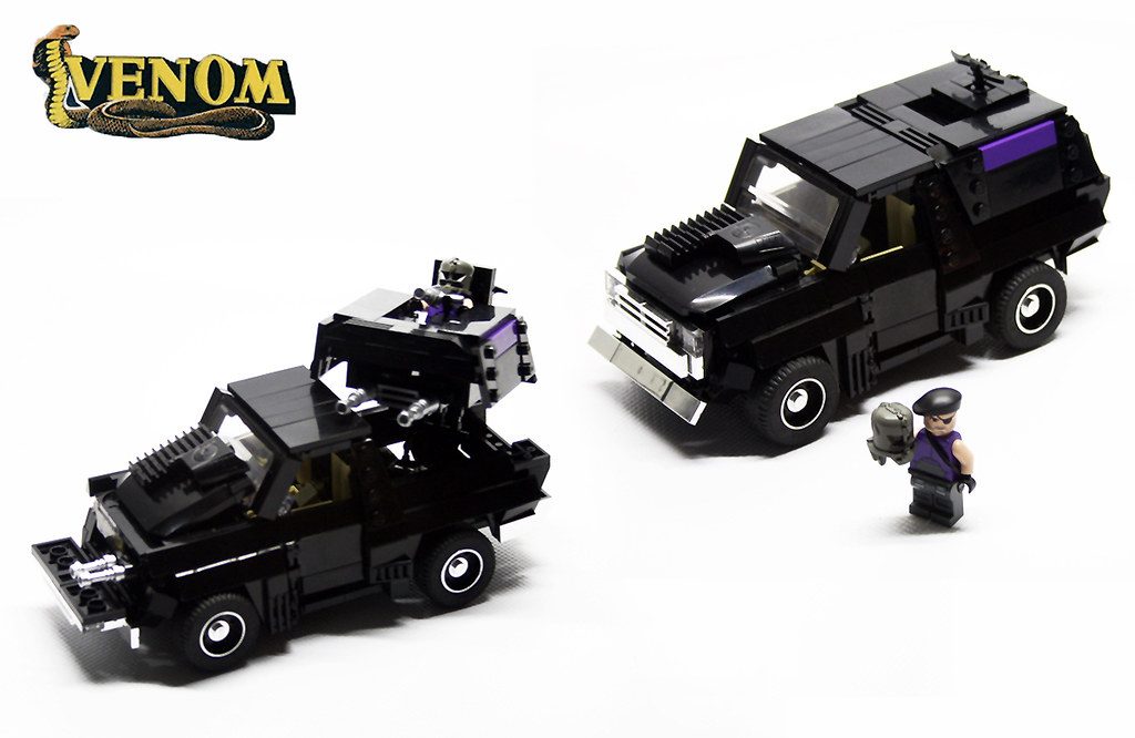 LEGO M.A.S.K. MOC featuring black armored vehicles with purple accents and minifigures.