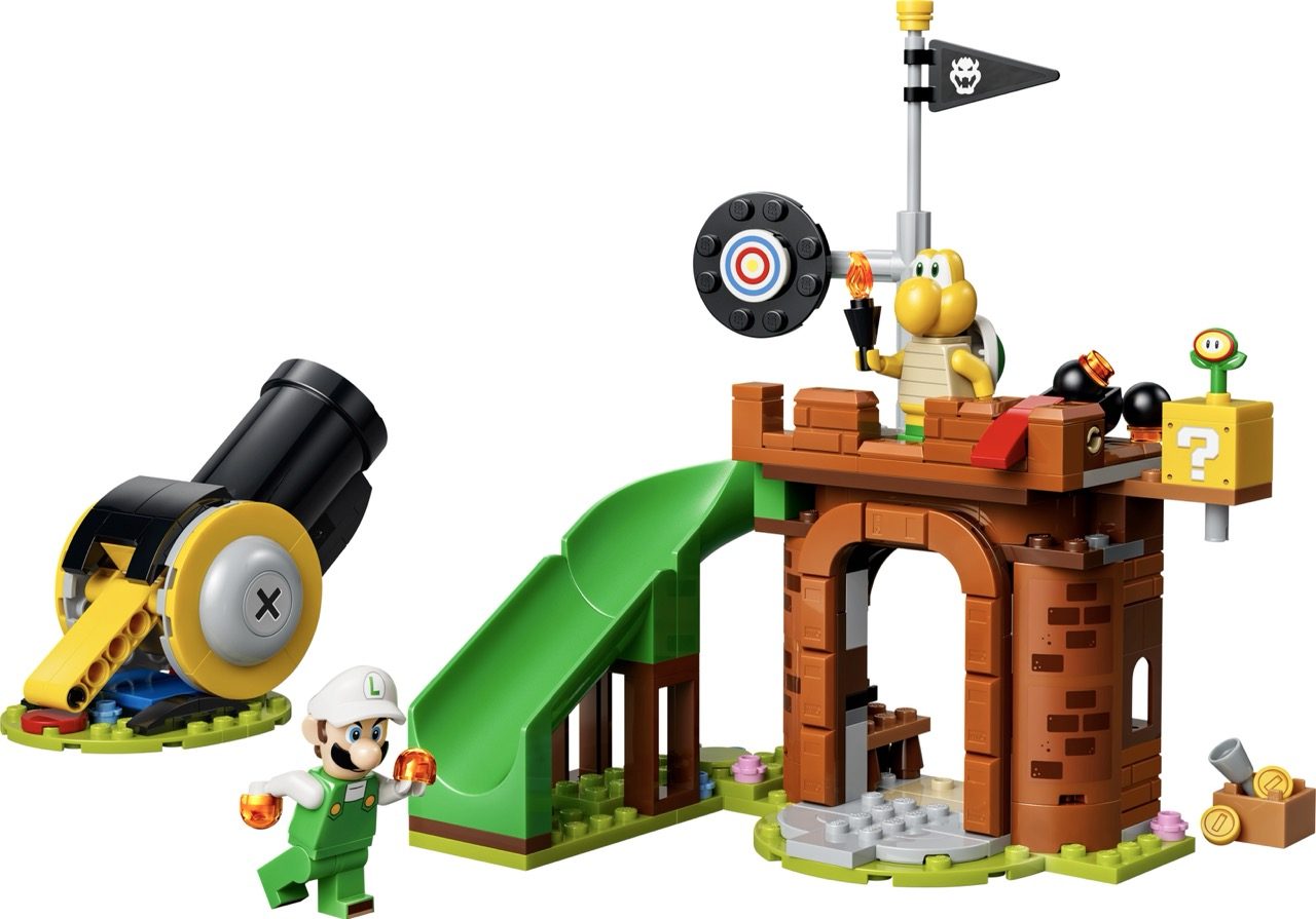 LEGO Super Mario set featuring Luigi minifigure, cannon, sliding ramp, tower with Bowser Jr., and question mark block.