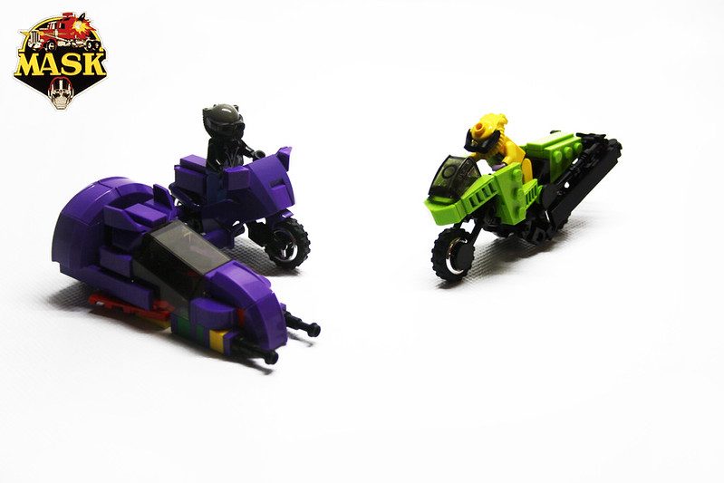 LEGO M.A.S.K. MOC featuring purple transforming vehicle with sidecar and lime-green motorcycle with minifigures.