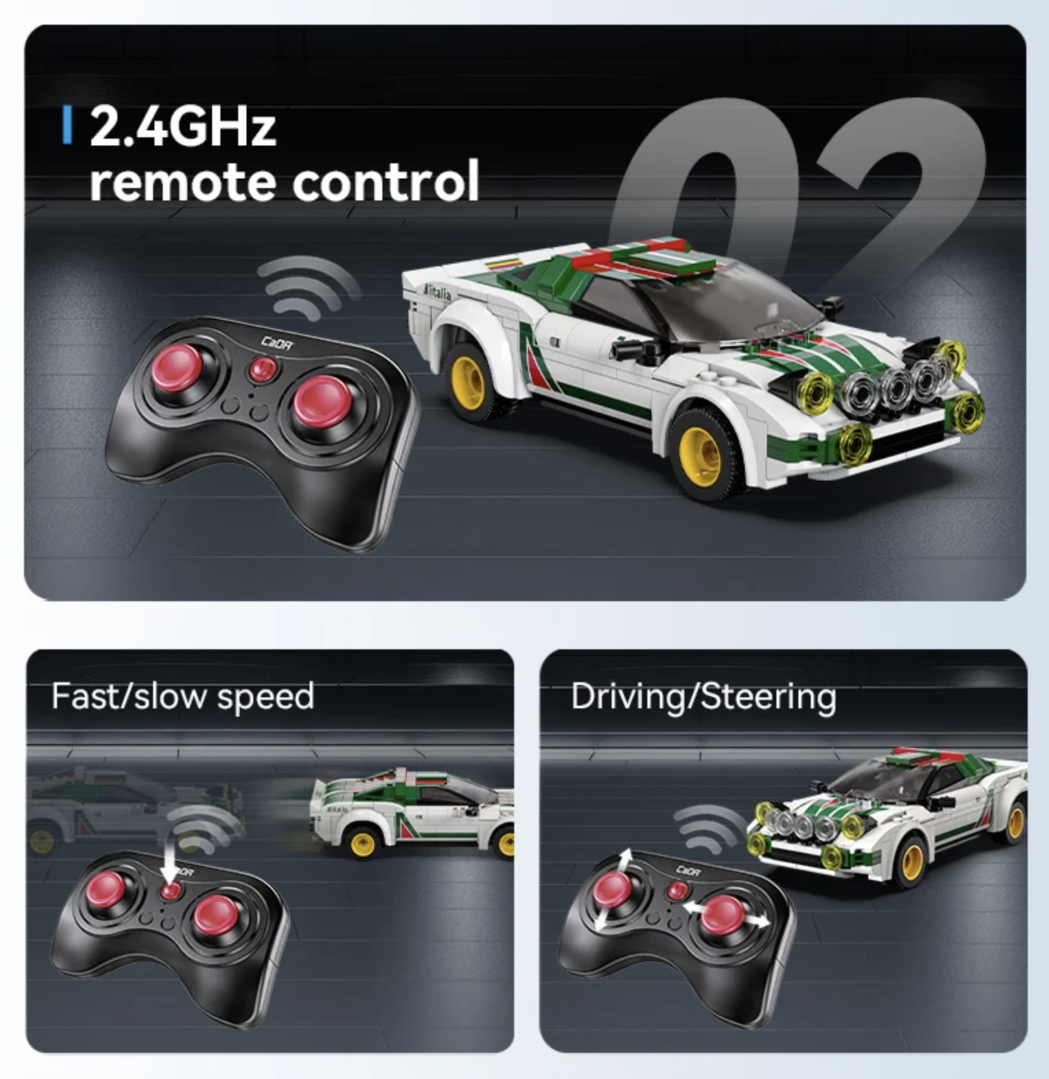 CaDA Lancia Stratos HF RC car with 2.4GHz remote control showing fast/slow speed and driving/steering functions.