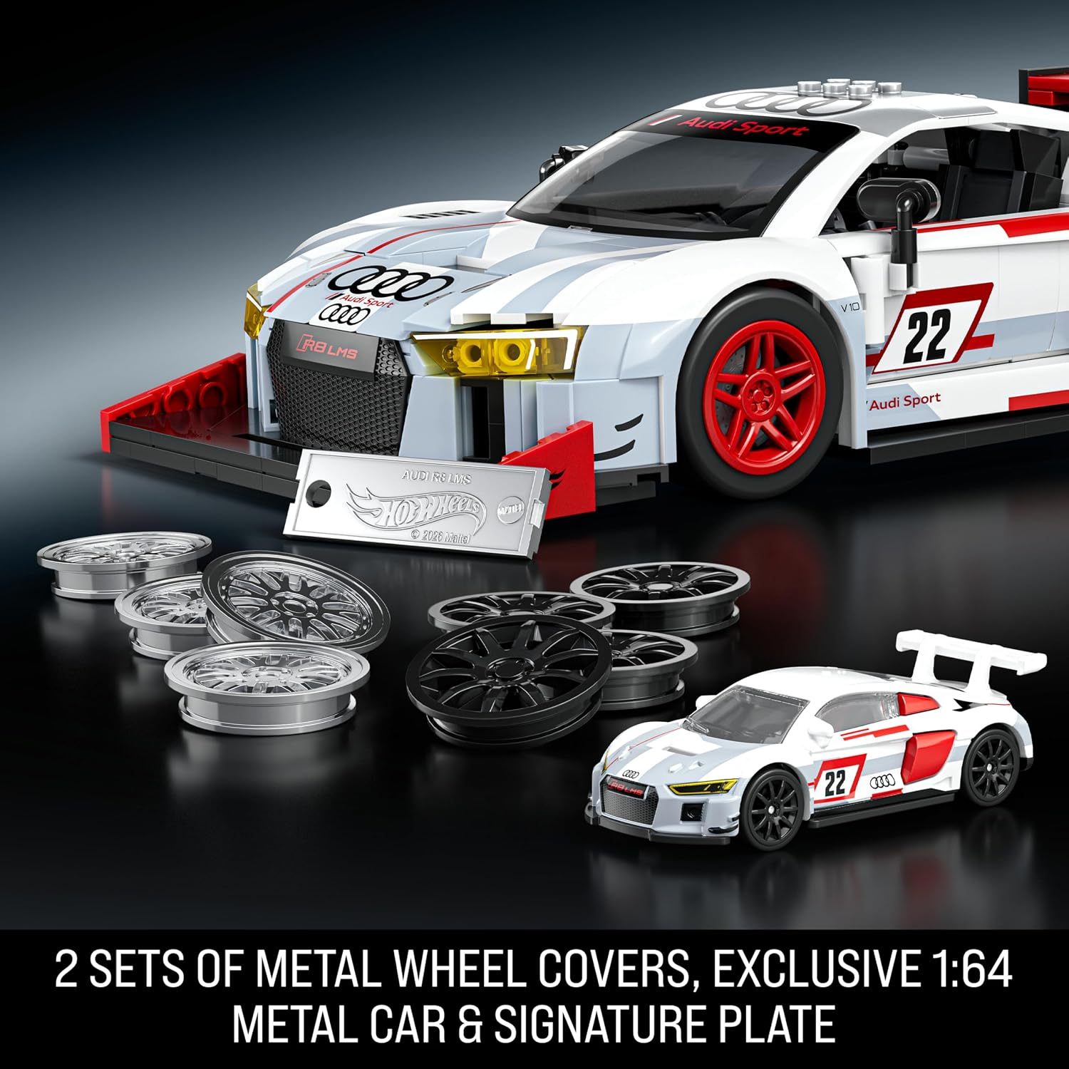 Audi R8 LMS racing car set with metal wheel covers, 1:64 die-cast model, and signature plate displayed.