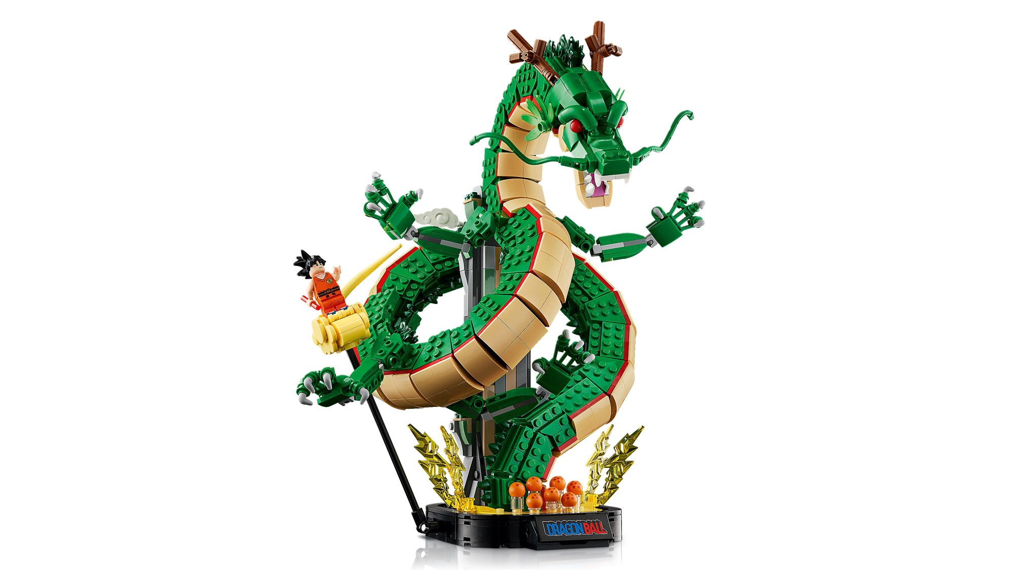 LEGO Dragon Ball Shenron set with green dragon figure and Goku minifigure on black base.