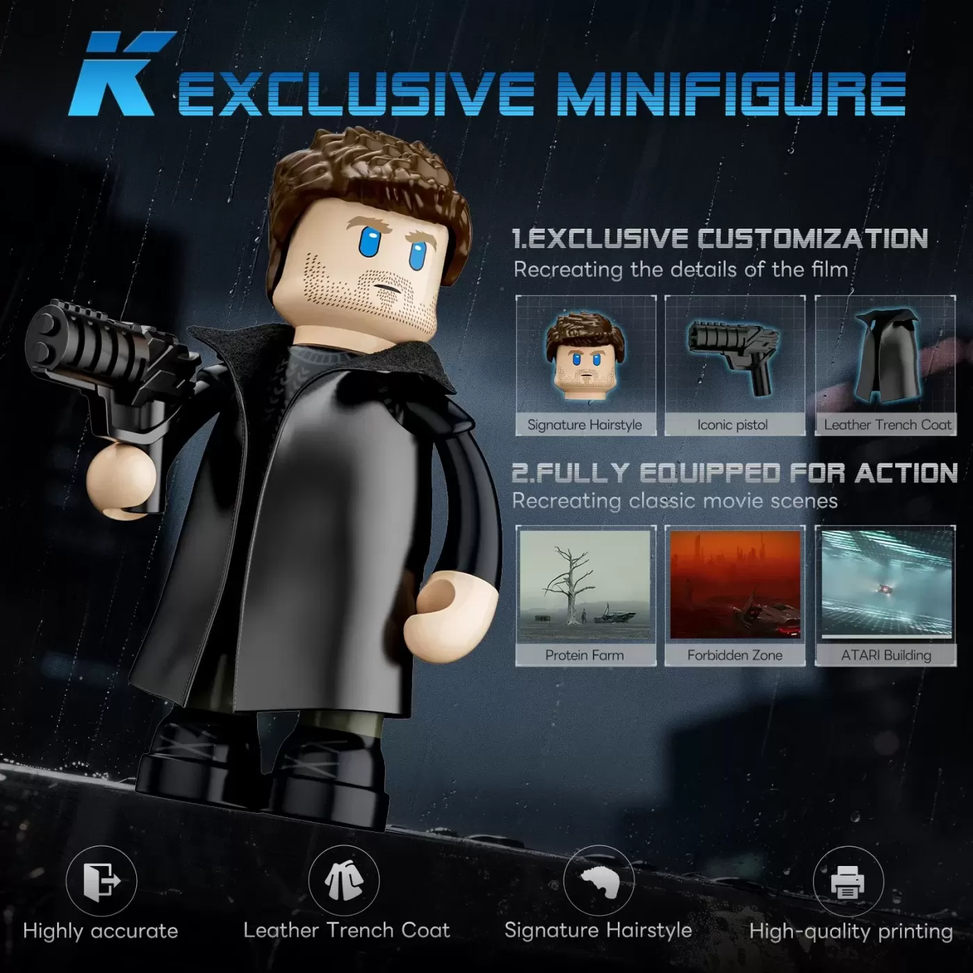 LEGO minifigure in black trench coat with pistol, showcasing exclusive customization and movie scene accessories.