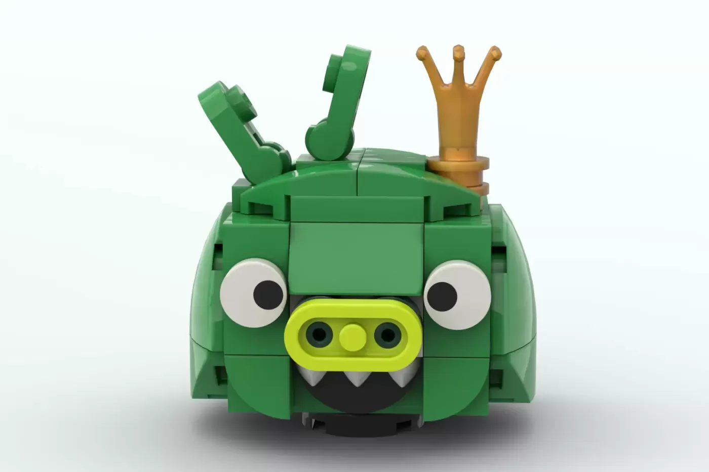 Green LEGO Angry Birds character with white eyes, yellow beak, gold crown, and articulated arms raised victoriously.