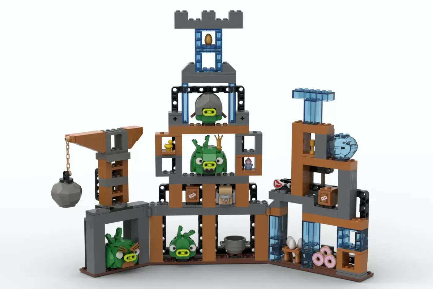 LEGO Angry Birds castle fortress set with green pig and bird minifigures, catapult, and multiple levels.
