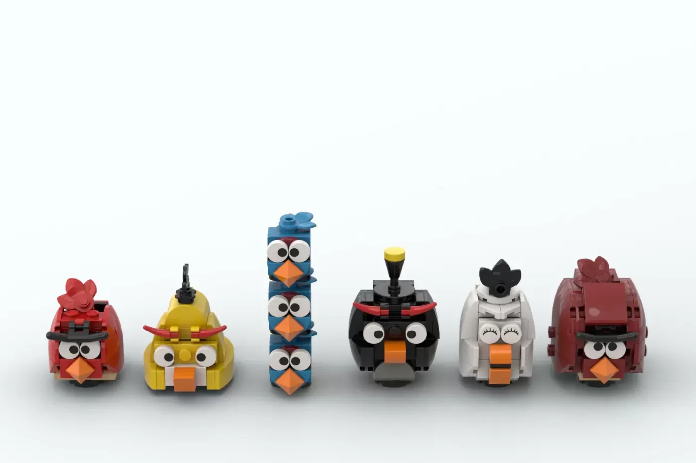 Six colorful LEGO Angry Birds characters lined up against a white background, featuring red, yellow, blue, black, white, a…
