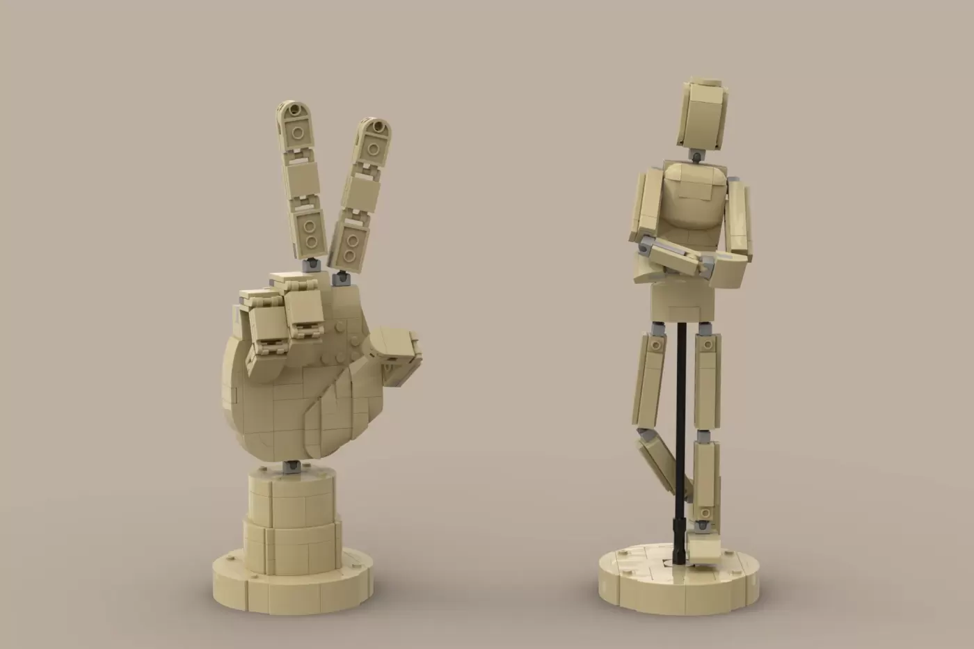 Two tan LEGO mannequins: left shows peace sign hand gesture, right displays full articulated figure in standing pose.