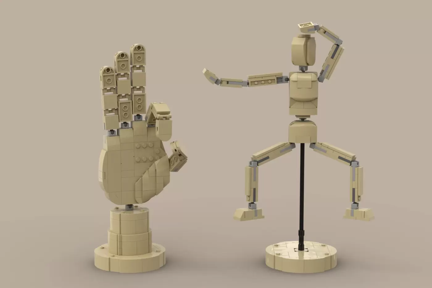 LEGO wooden mannequin and articulated hand model in tan bricks with poseable joints and cylindrical bases.