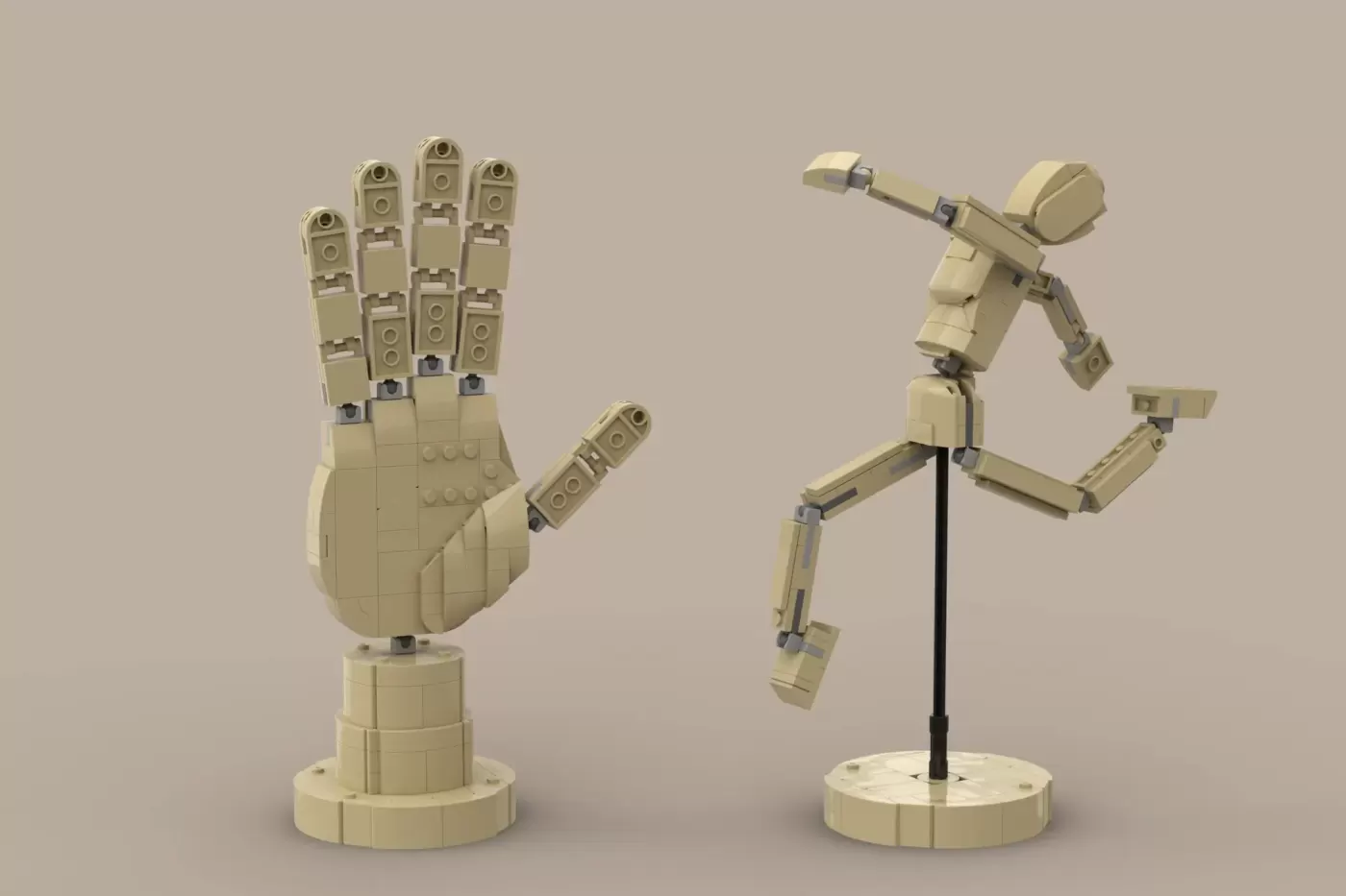 Two LEGO wooden mannequins: a jointed hand on left, articulated humanoid figure on right, both tan-colored with poseable l…