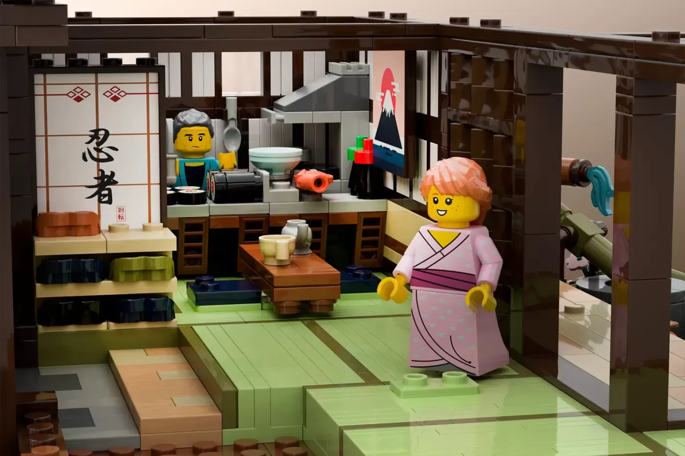 LEGO Japanese onsen set with two minifigures in traditional clothing, featuring tatami flooring, wooden beams, and decorat…