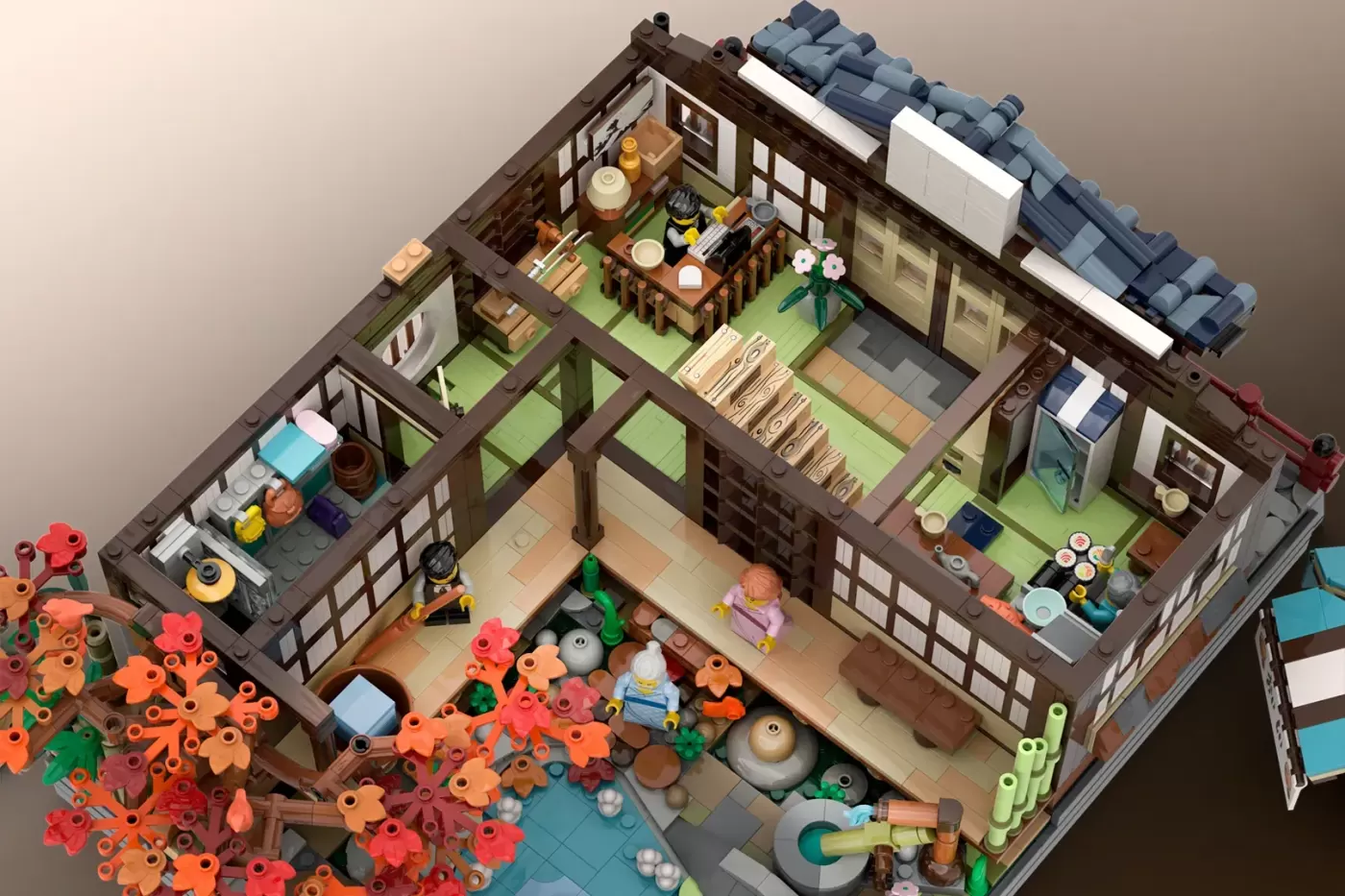 LEGO Japanese onsen building with autumn garden, interior rooms, minifigures, and detailed seasonal decorations viewed fro…