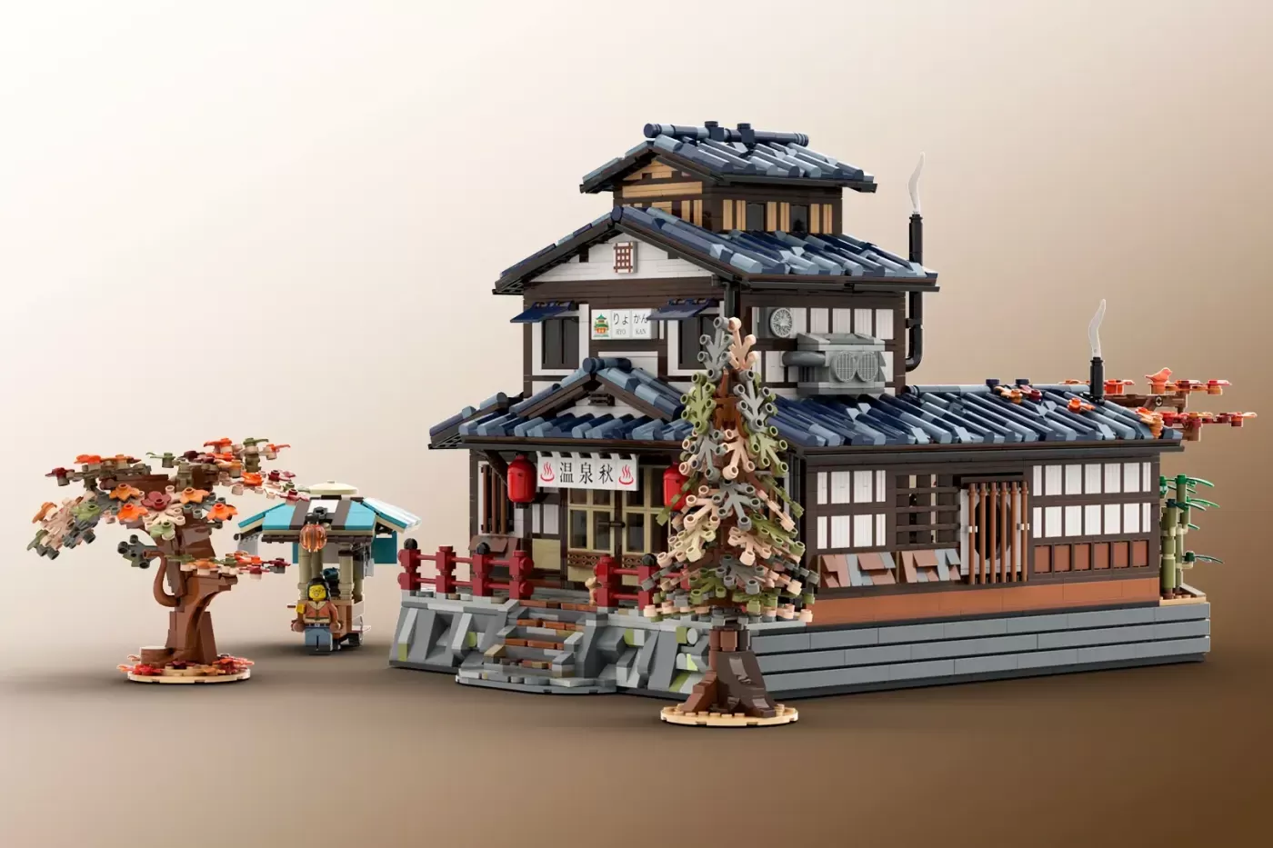 LEGO Japanese Onsen building with autumn decorations, minifigure, maple tree, and seasonal details.