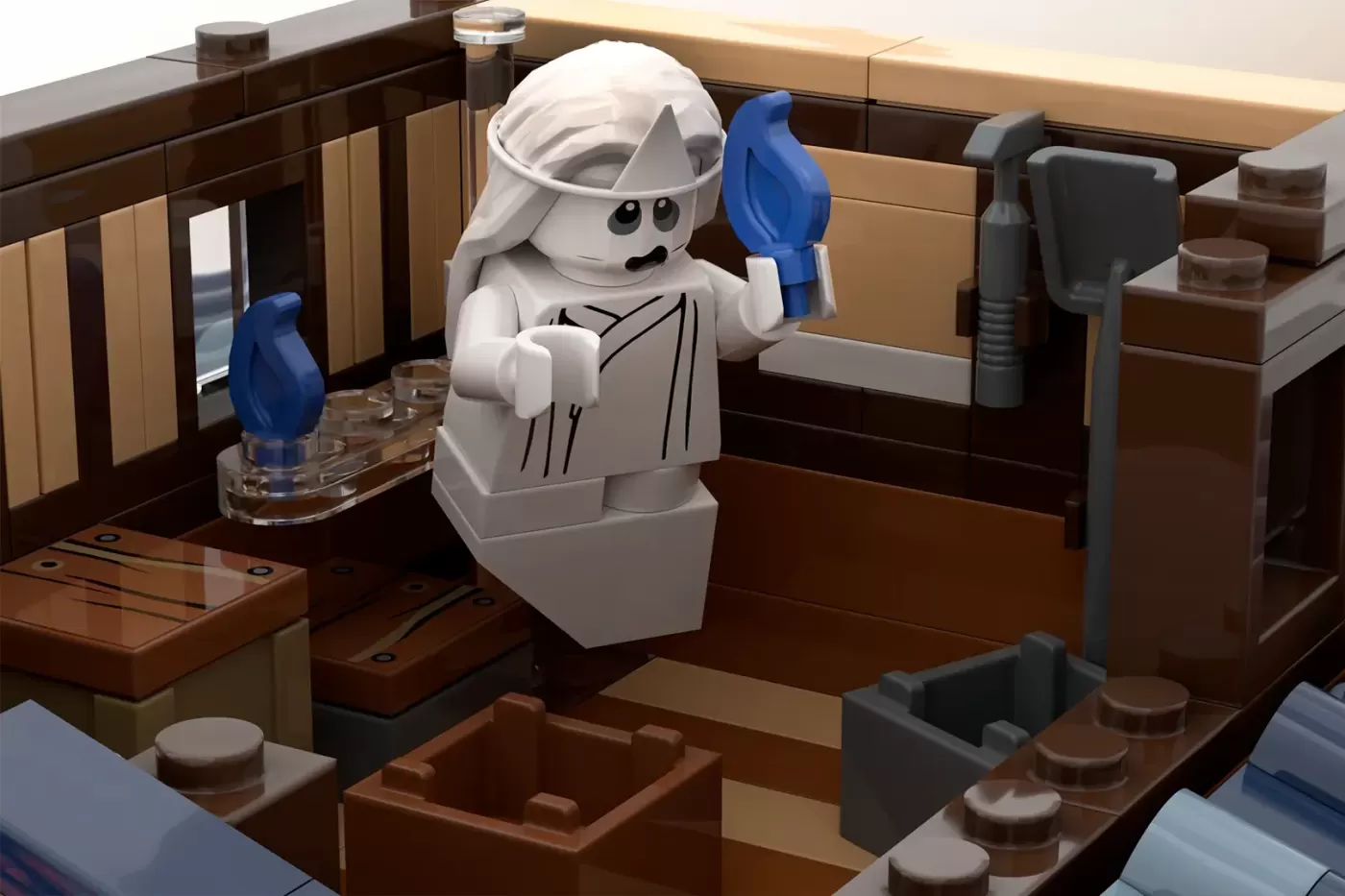 LEGO ghost minifigure in Japanese onsen bathroom setting with wooden furnishings and blue decorative elements.
