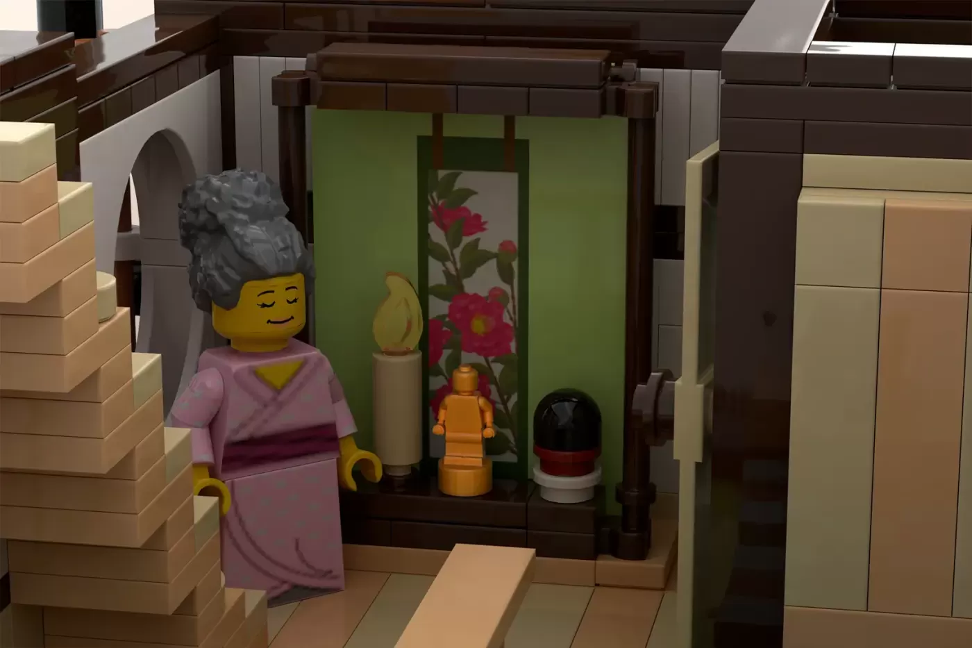 LEGO minifigure in pink kimono stands in Japanese onsen shrine with green wall, flowers, and altar decorations.