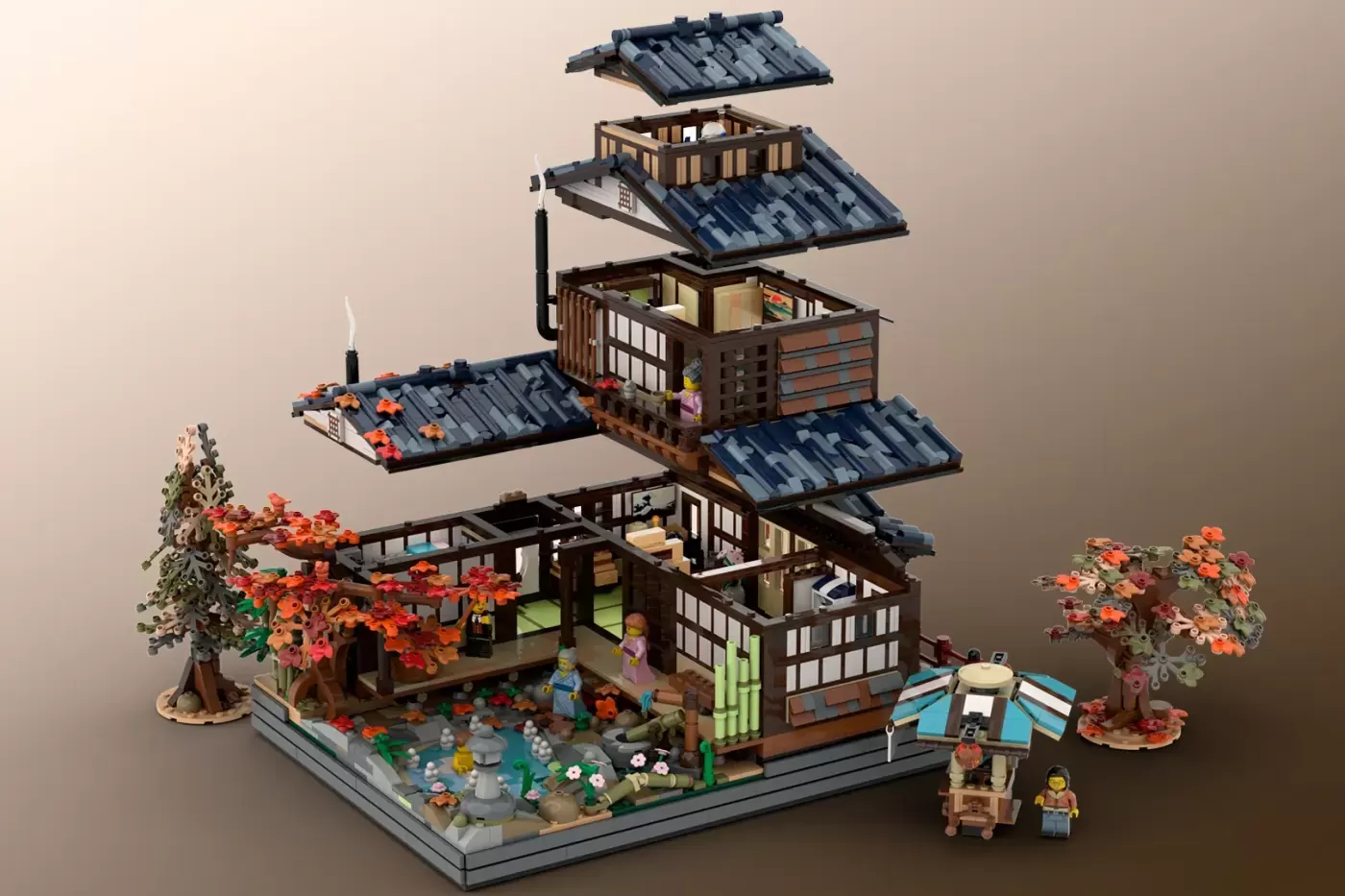 LEGO Japanese autumn onsen with layered architecture, minifigures, autumn trees, and blue-tiled roofs against neutral back…
