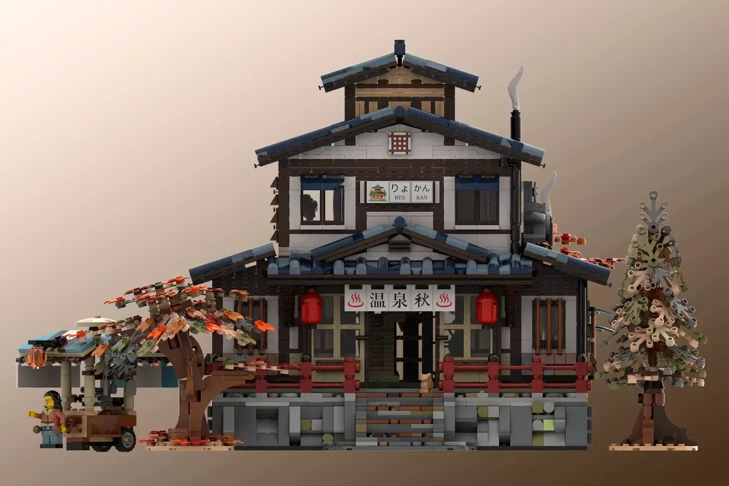 LEGO Japanese onsen building with autumn décor, minifigure, and decorative tree.