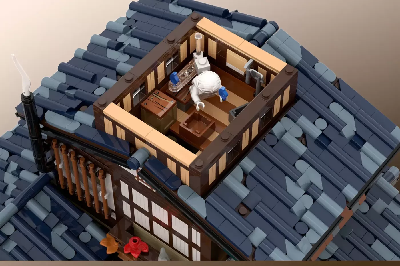 LEGO Japanese onsen rooftop cutaway showing interior with minifigures, furniture, and ghost figure in attic space.
