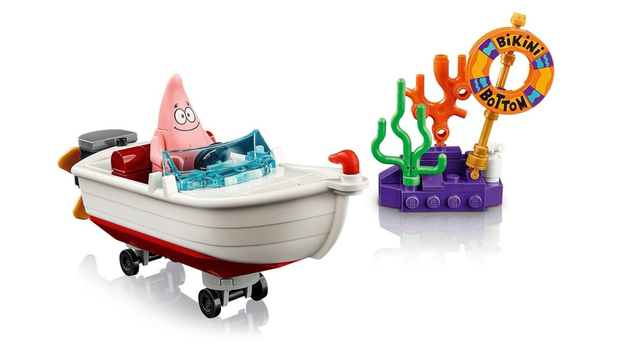 LEGO Bikini Bottom set featuring Patrick's boat with minifigure and underwater scene with coral and Bikini Bottom sign.