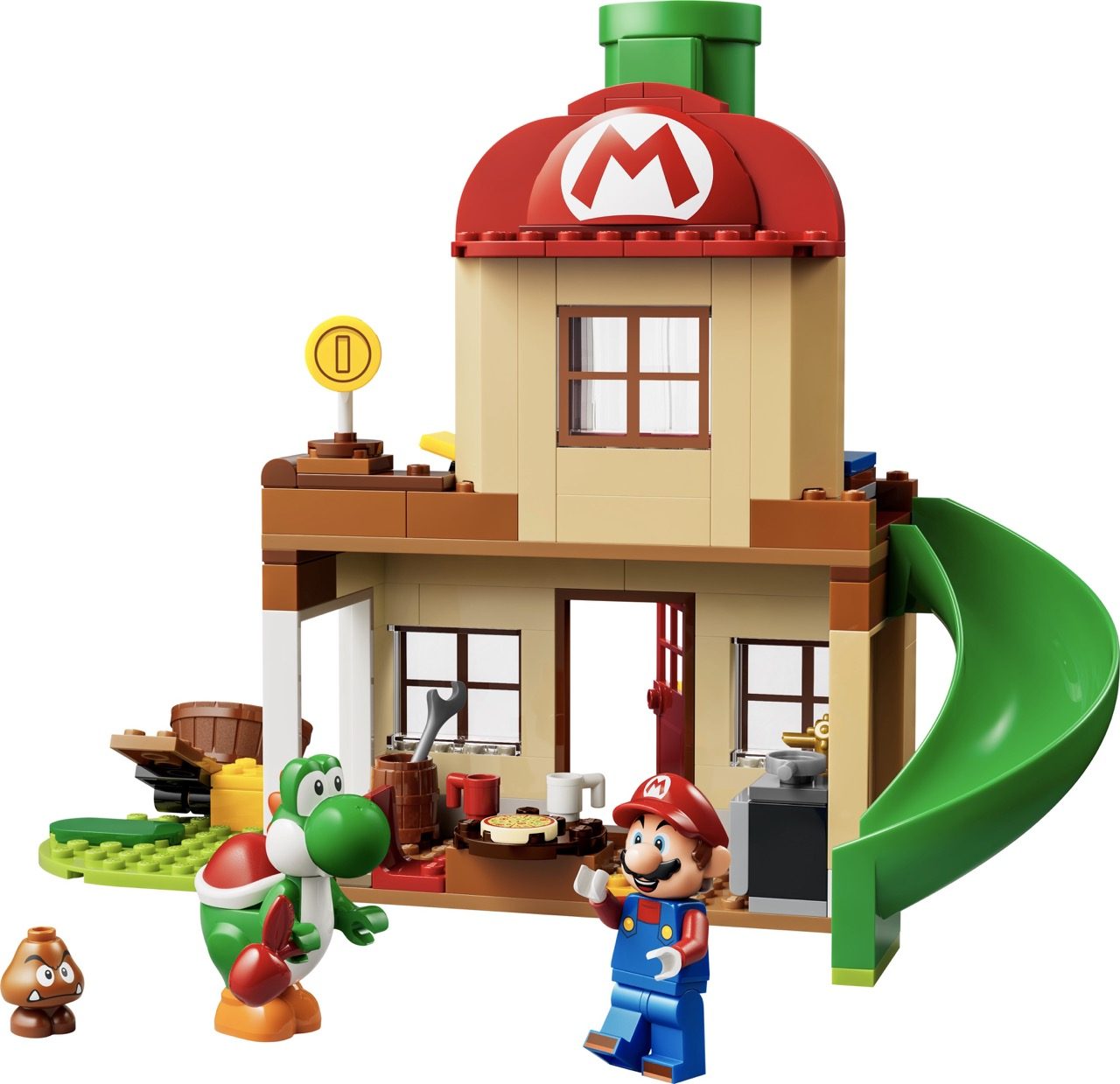 LEGO Super Mario set featuring Mario minifigure, Yoshi, green pipe, and house with red roof and slide.