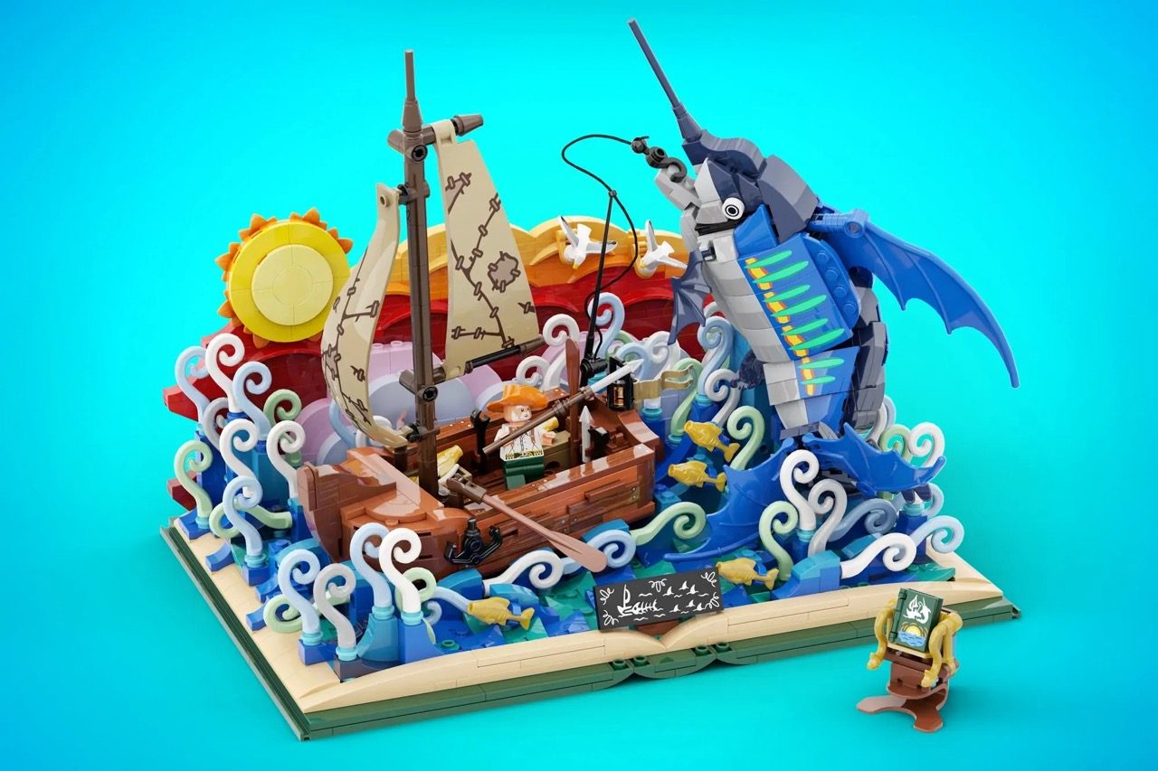 LEGO set depicting a storybook scene with a sailing ship, sea creature, waves, and minifigure on turquoise background.