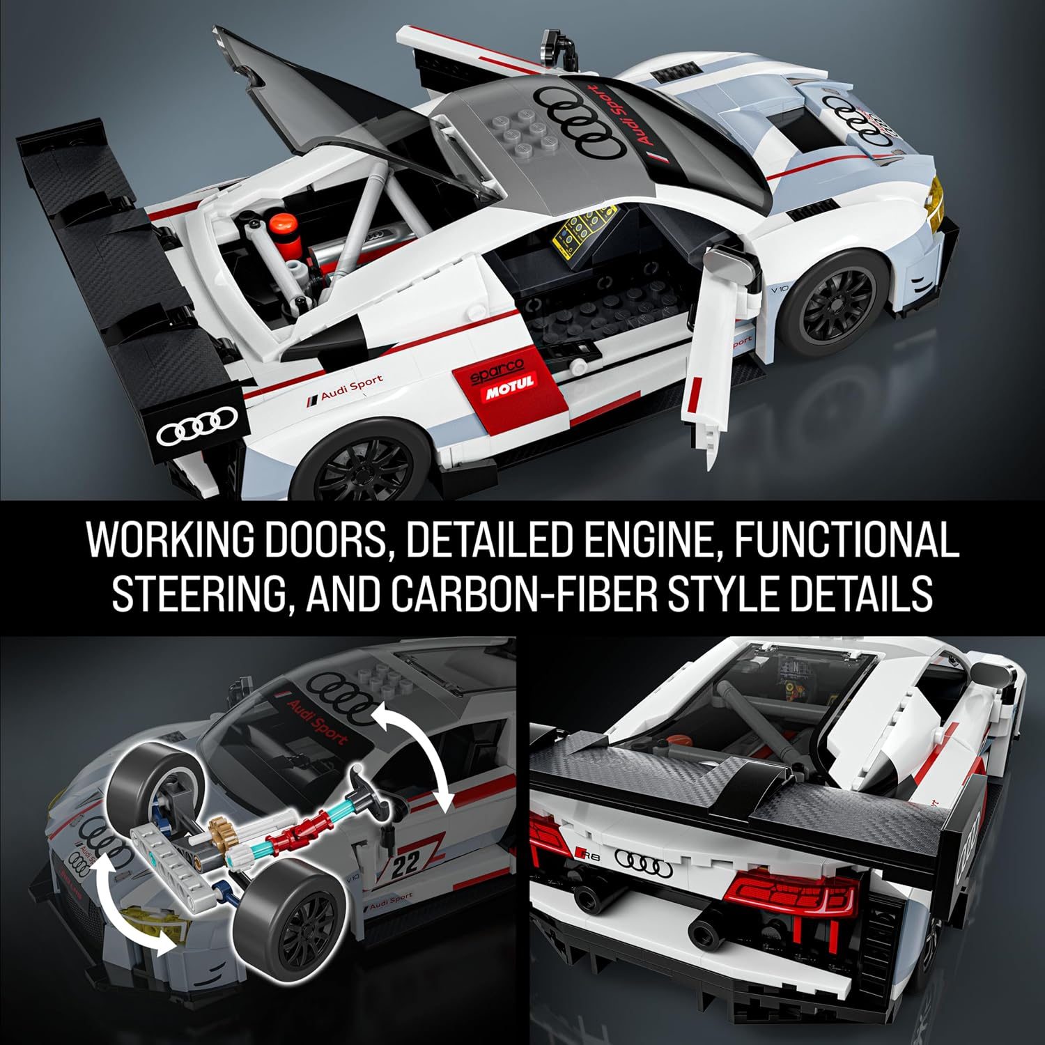 LEGO Audi R8 LMS with opening doors, detailed engine, functional steering, and carbon-fiber details.
