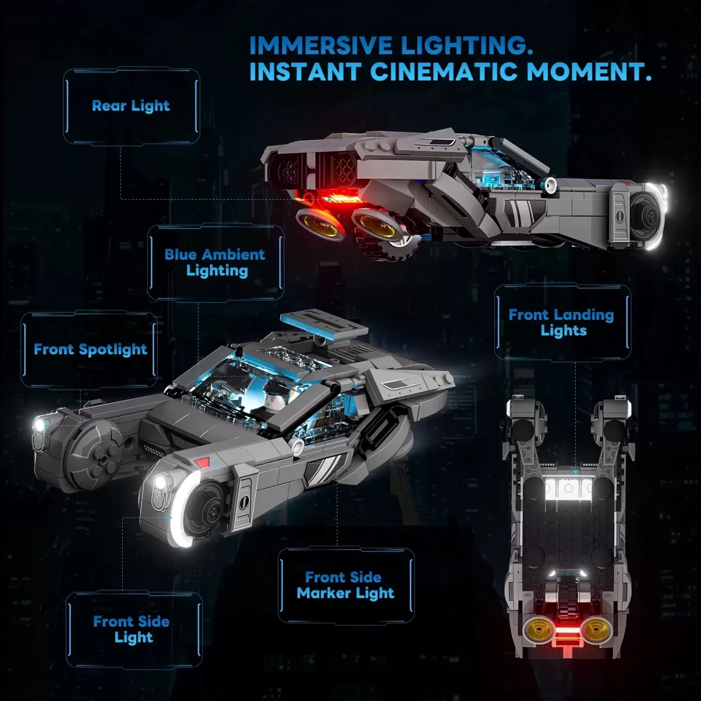 LEGO Blade Runner 2049 vehicles with illuminated features including front spotlights, rear lights, and ambient lighting.