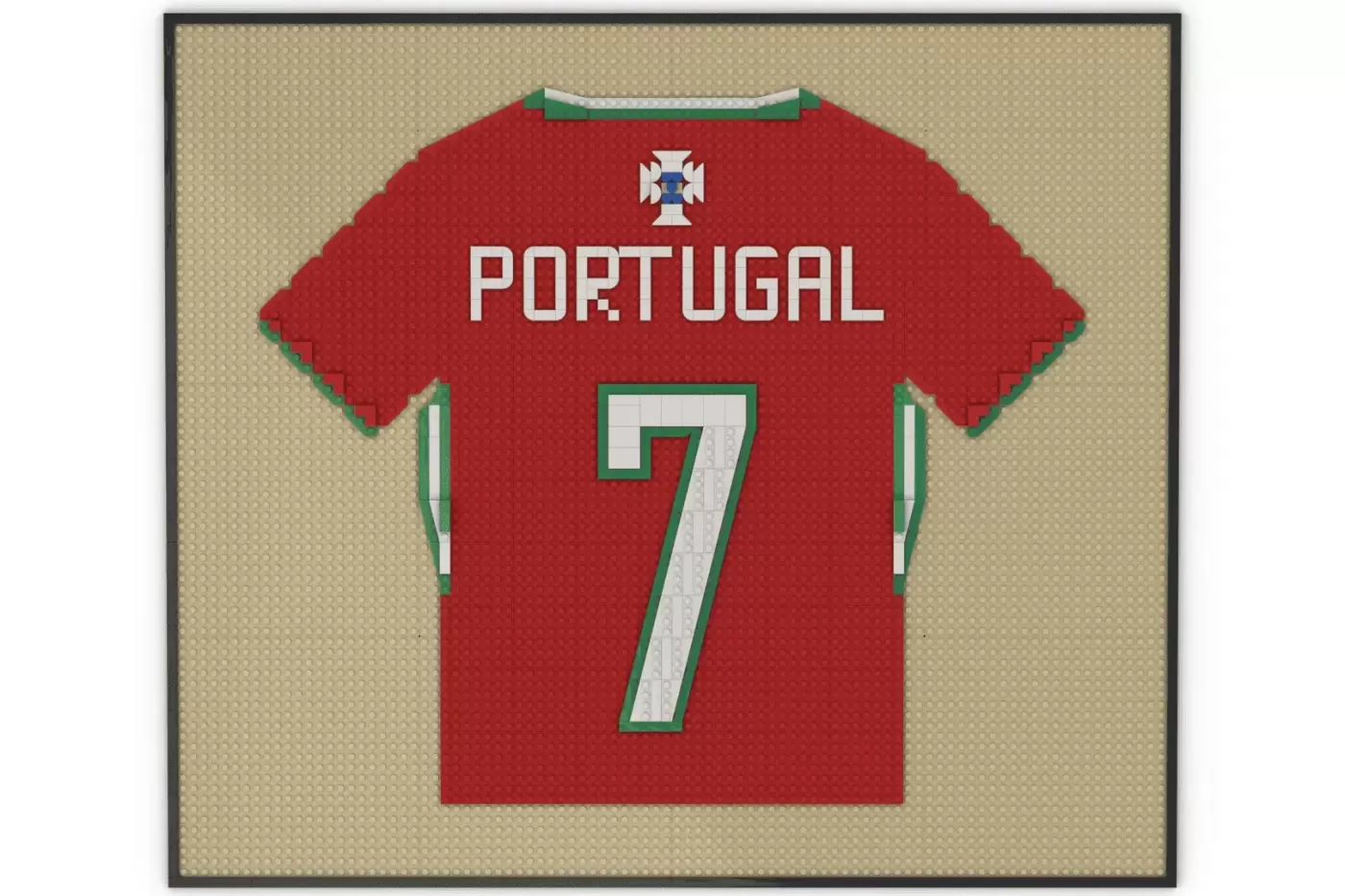 LEGO Portugal football jersey number 7 displayed in a frame with red and green colors and white numbering.