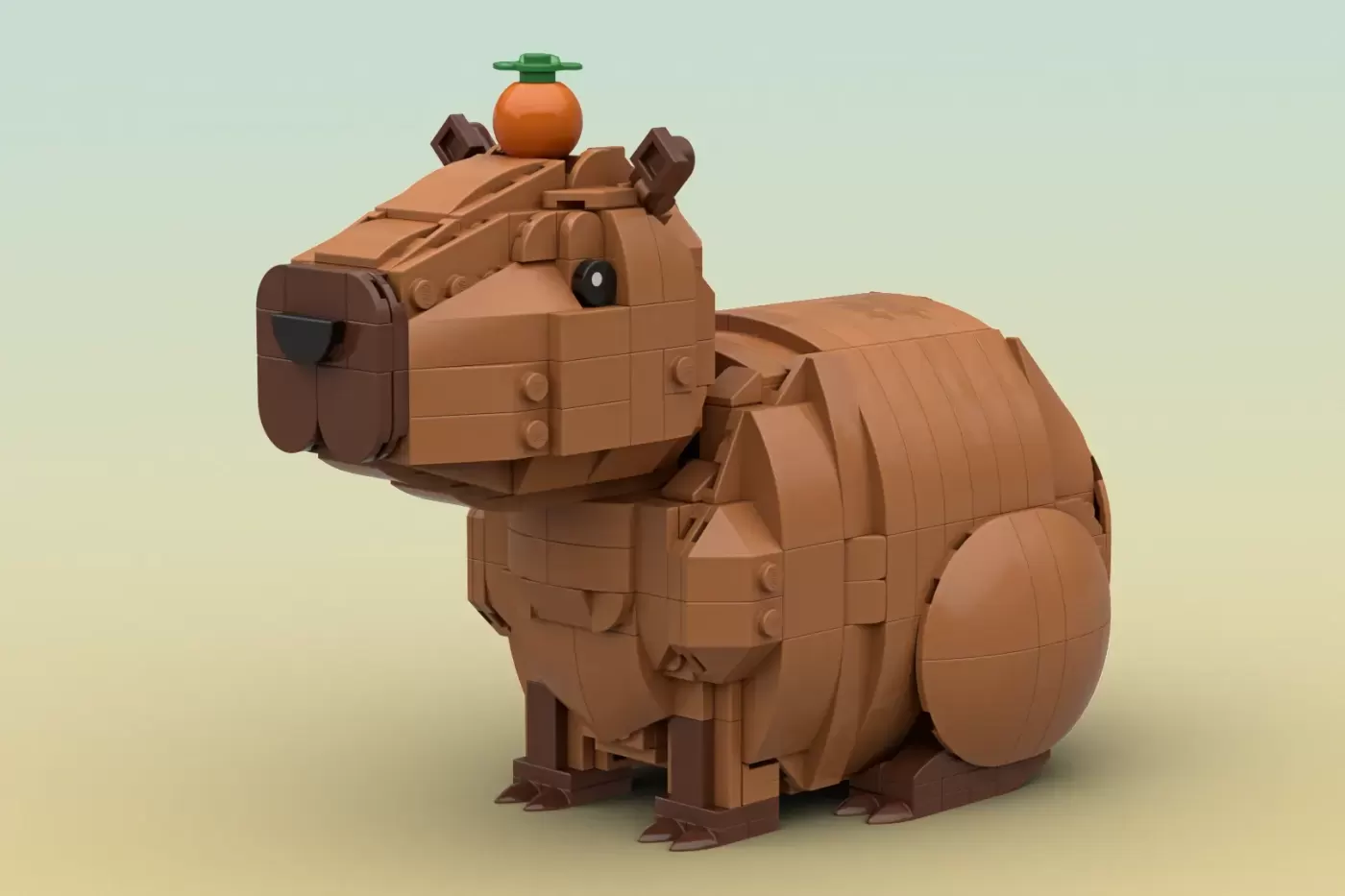Brown LEGO capybara with orange fruit and green hat on its back, detailed blocky construction against light background.