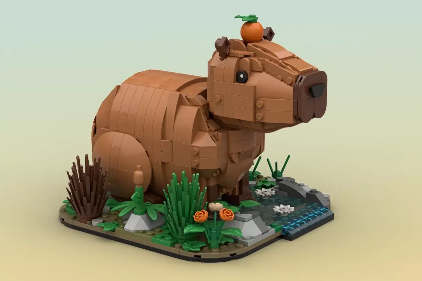LEGO capybara build with orange fruit on head, surrounded by green plants and flowers on base.