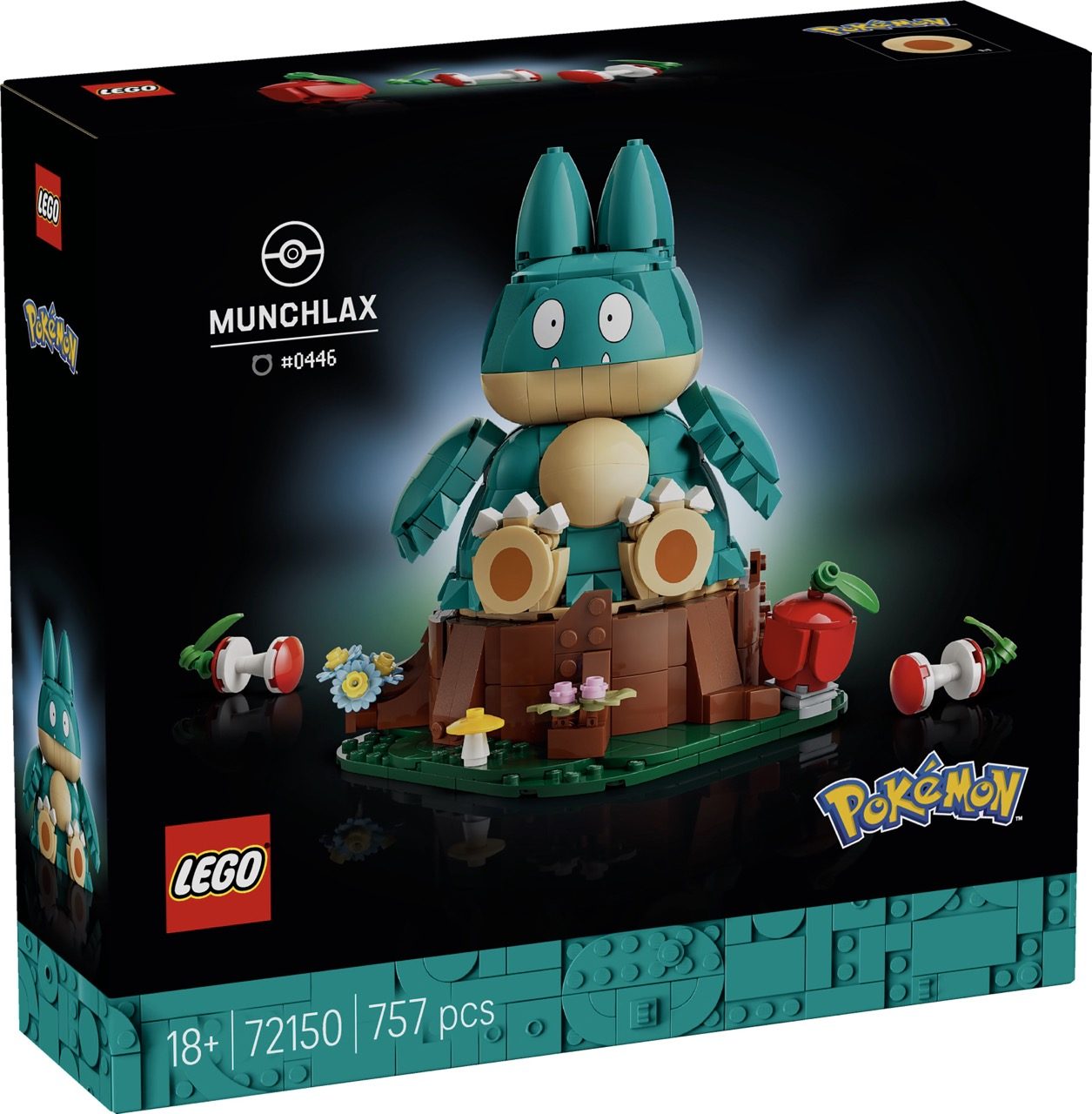 LEGO Pokémon Munchlax set 72150 with 757 pieces, featuring teal and tan creature figure on brown base with accessories.