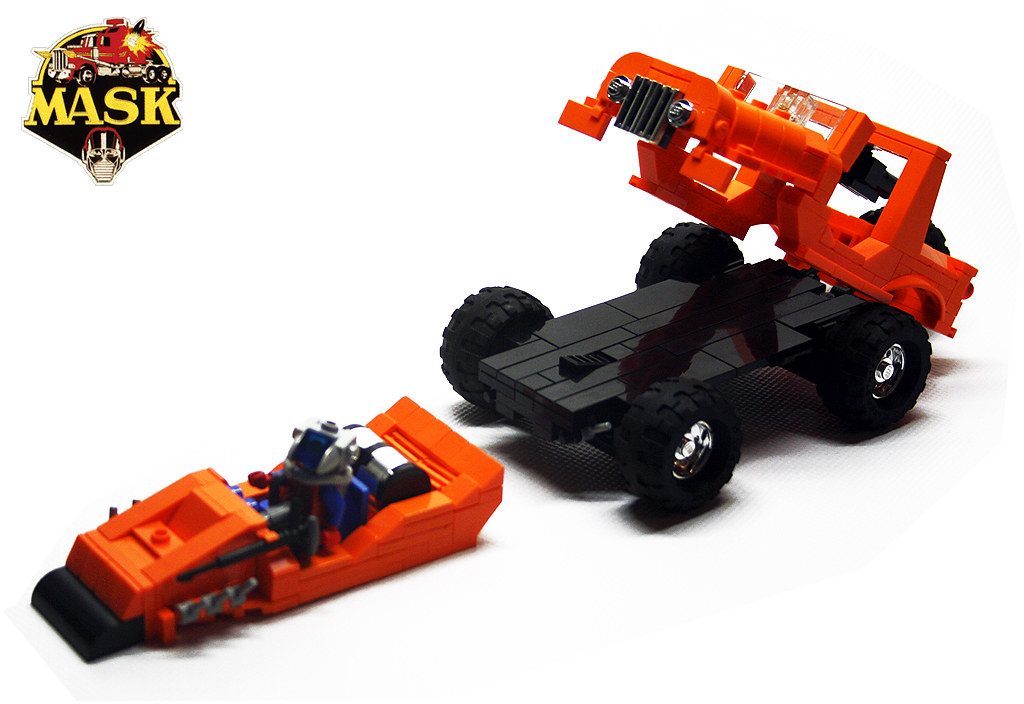 LEGO M.A.S.K. MOC display showing three red and blue vehicles in transformation stages with minifigure.