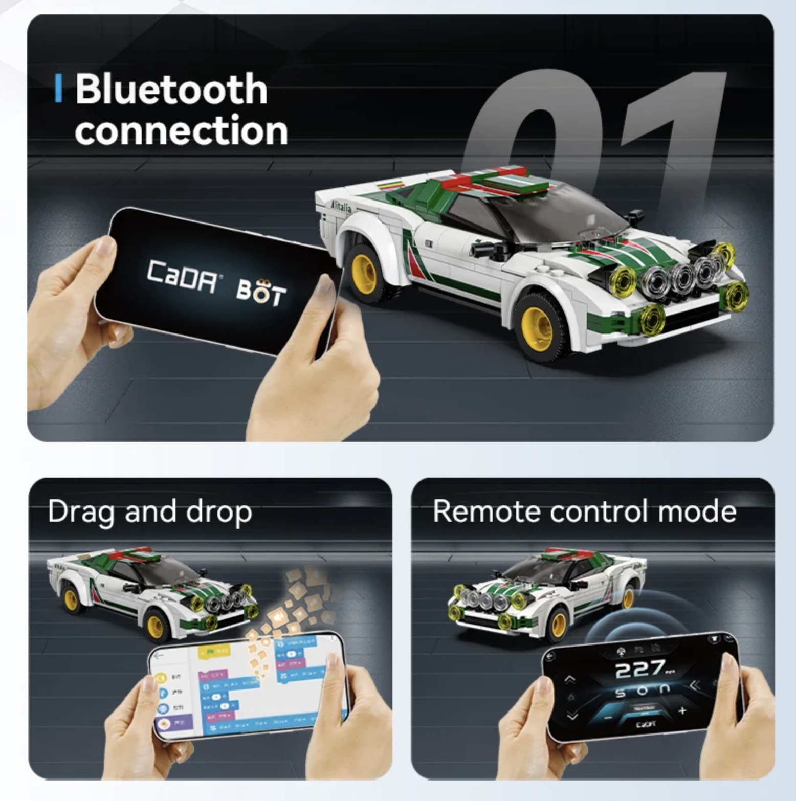 CaDA Lancia Stratos HF with Bluetooth features: smartphone control, drag-and-drop building, remote control mode.