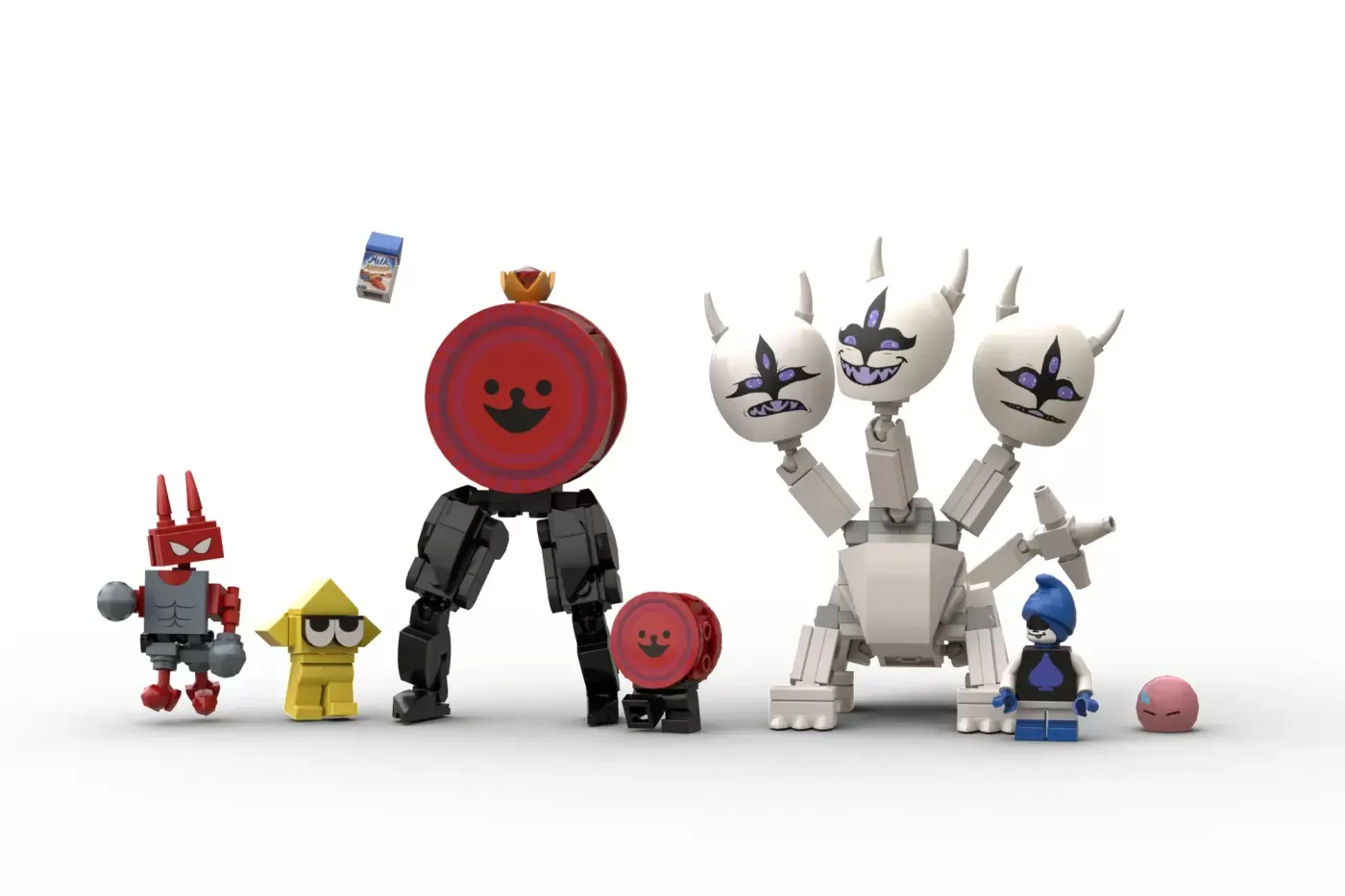 LEGO Deltarune Dark World characters and creatures lined up, including Ralsei, King, and a multi-headed construct.