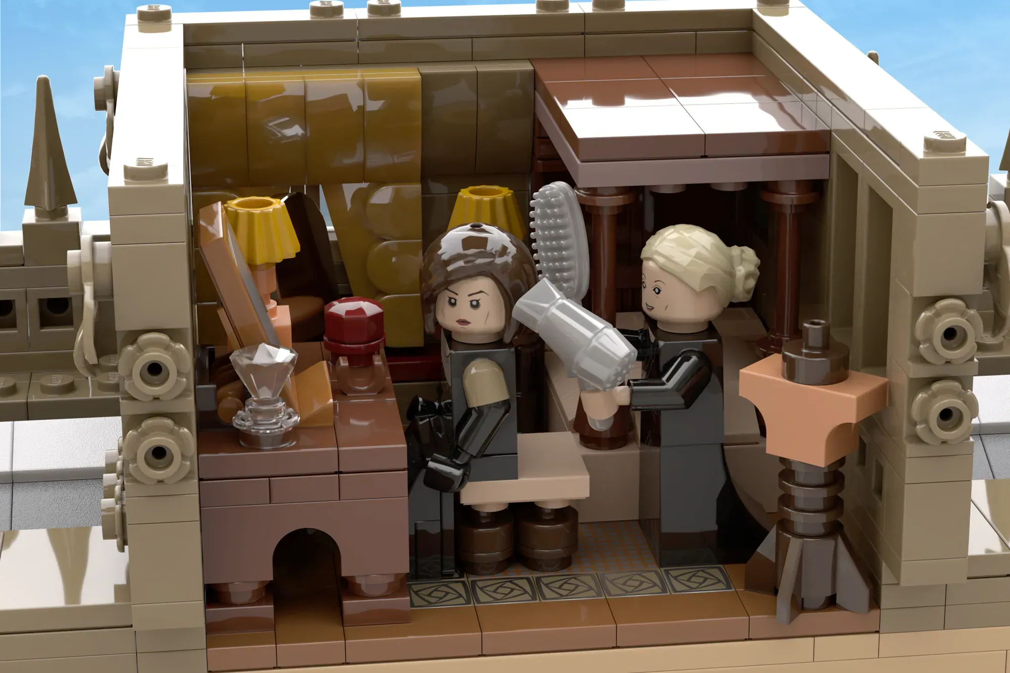 LEGO Downton Abbey set featuring two minifigures in an ornate interior with fireplace, clothing rack, and decorative acces…