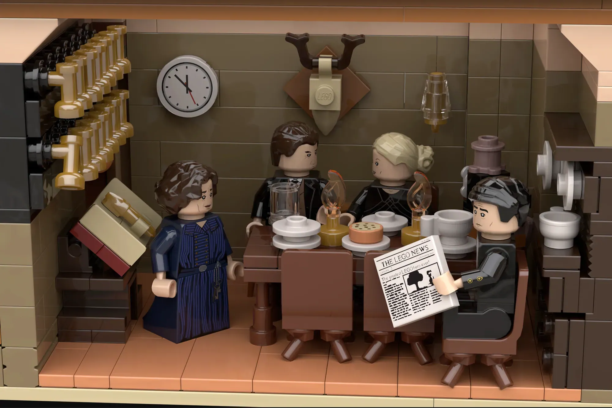 LEGO Downton Abbey dining room scene with four minifigures seated at table, newspaper, dishware, and period details.