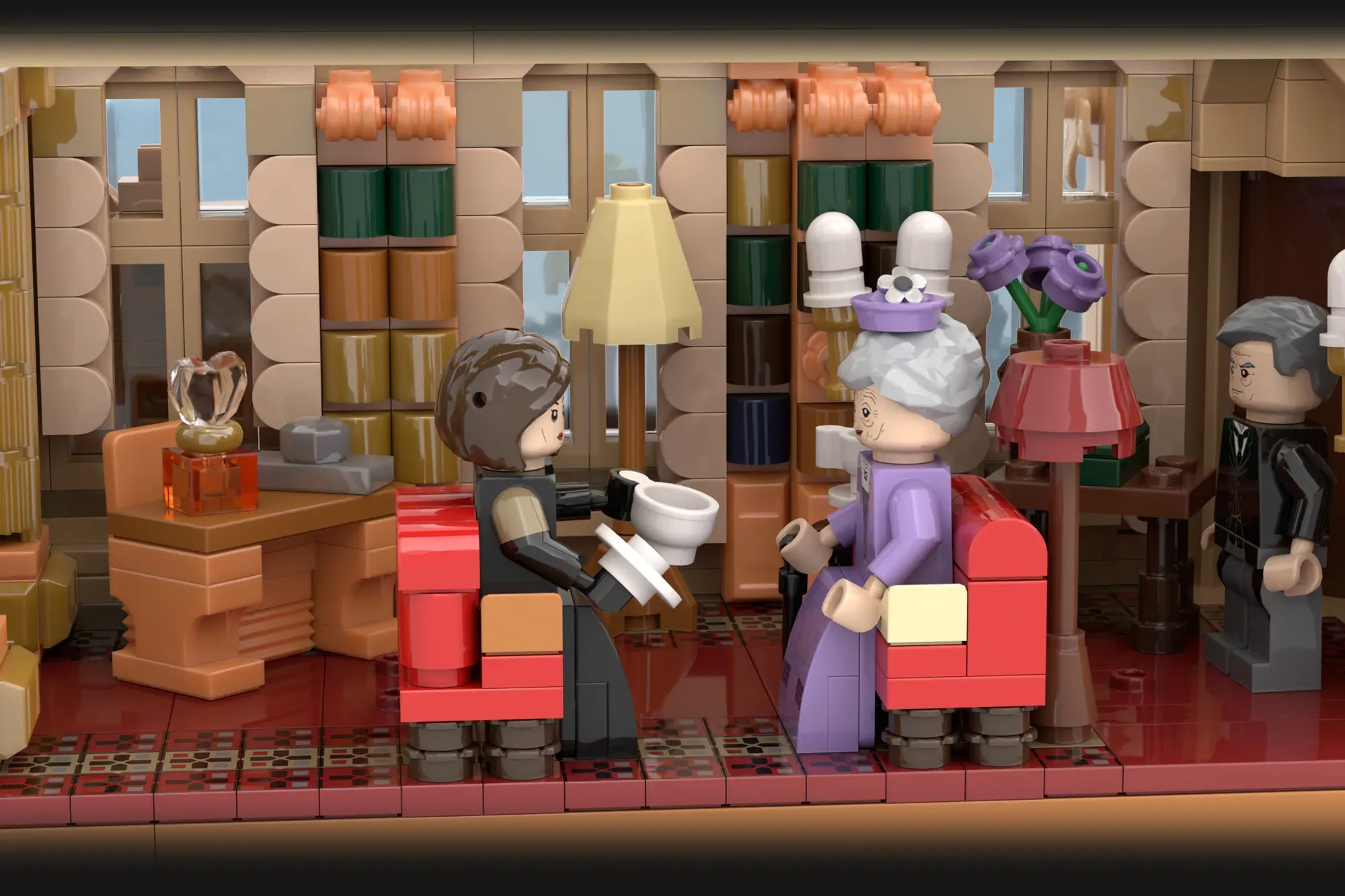 LEGO Downton Abbey set featuring minifigures in period clothing inside an ornate room with furniture and decorative details.